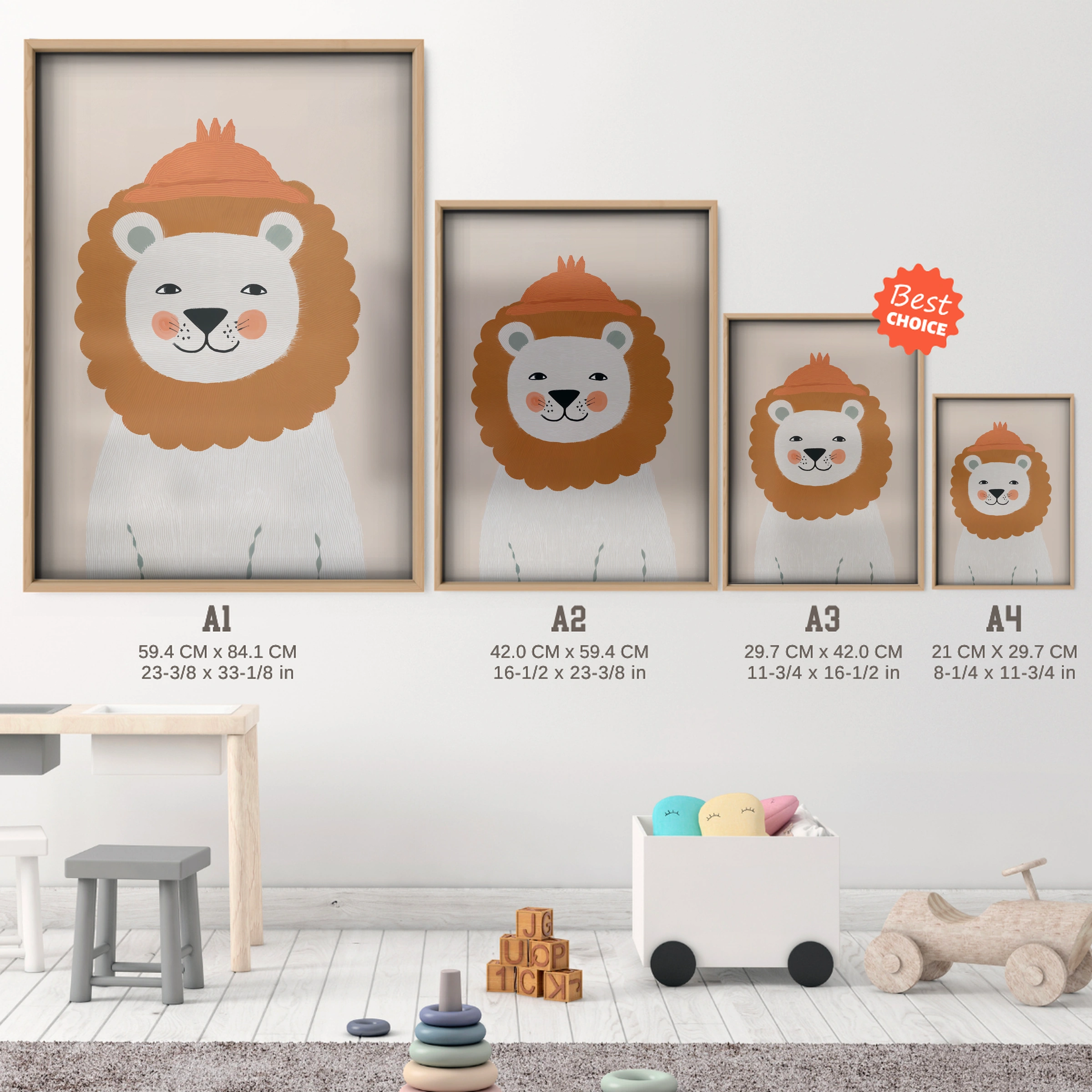 Fluffy Mane Lion Nursery Print - size guide A4 A3 A2 A1 nursery print
