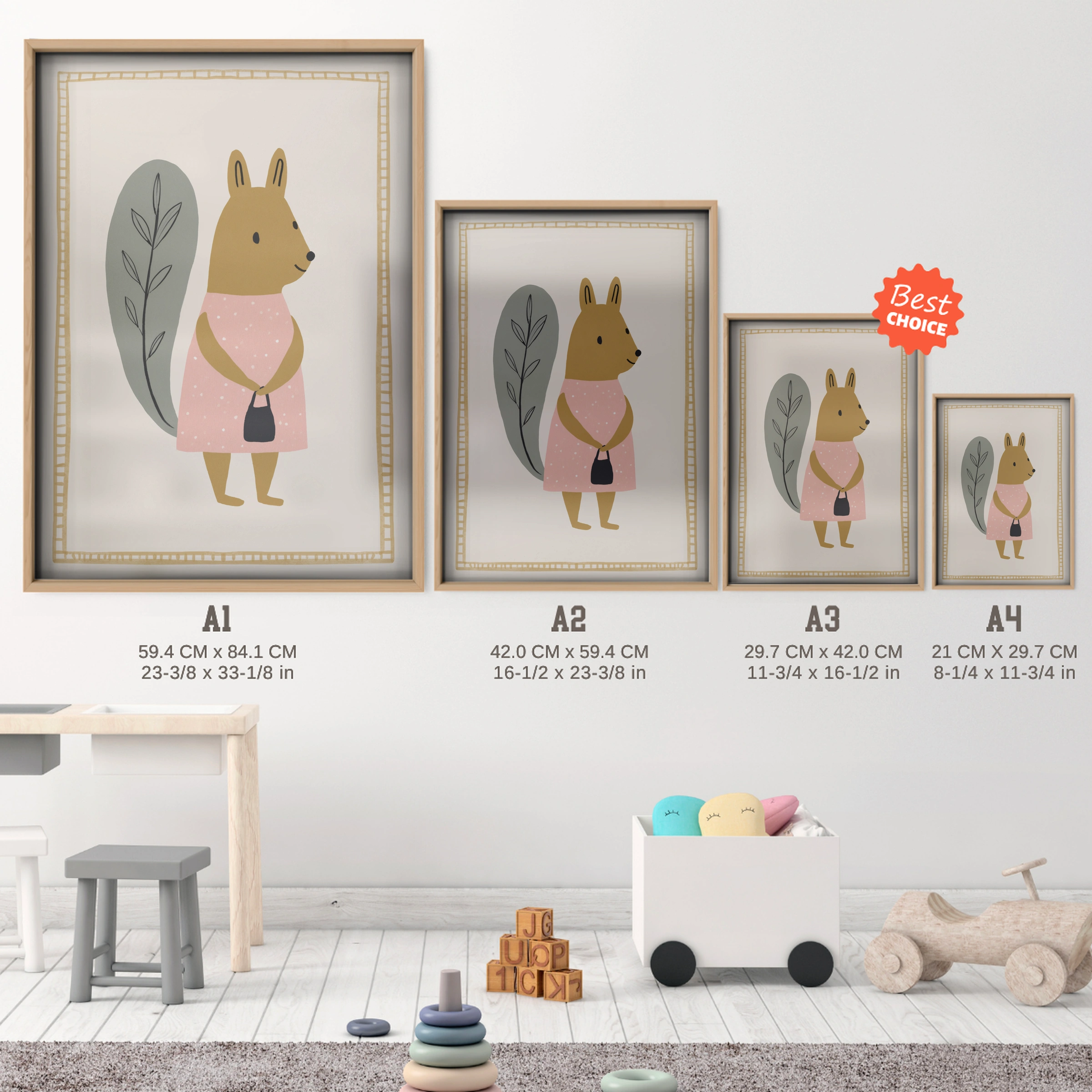 Fluffy Squirrel Nursery Print - size guide A4 A3 A2 A1 nursery print