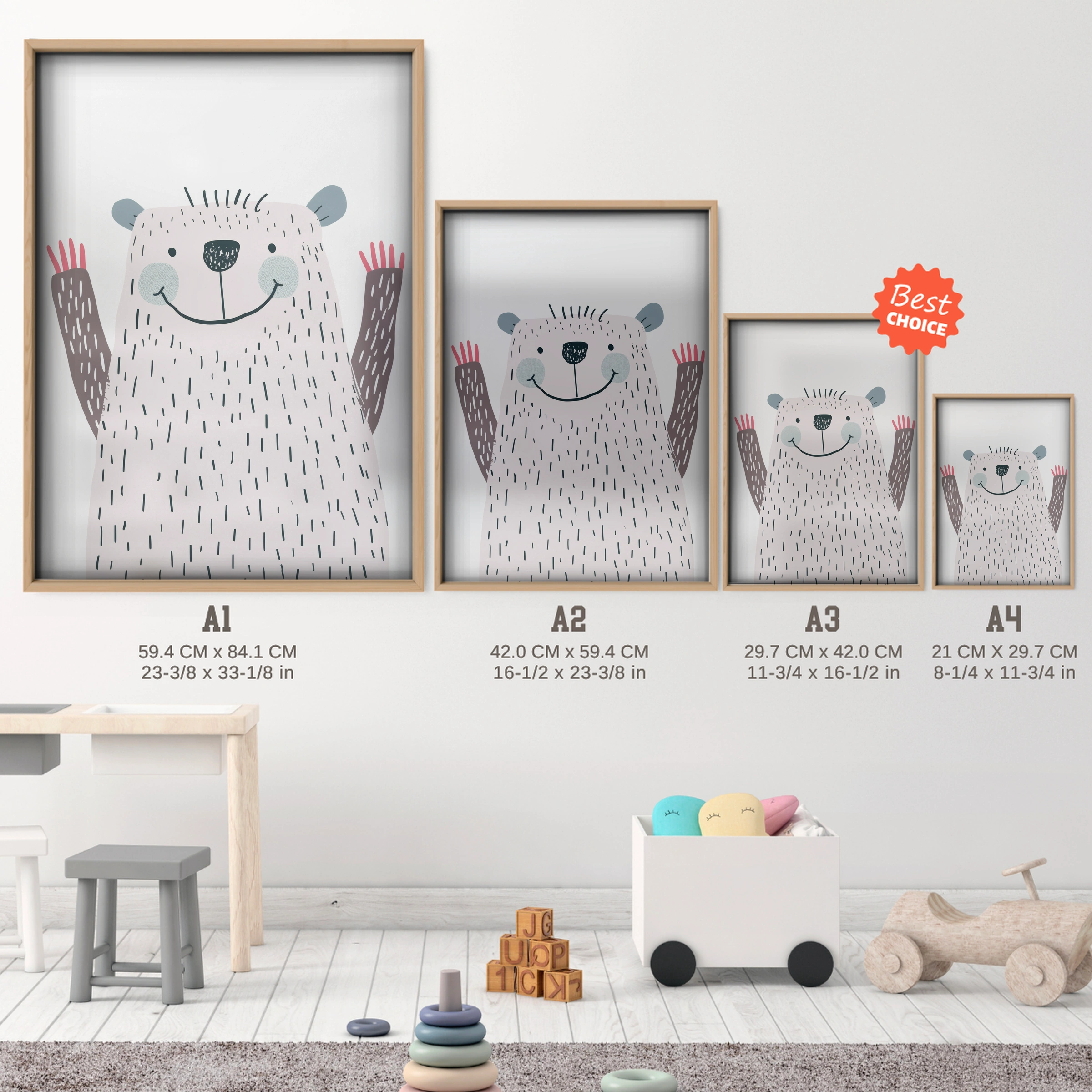 Fluffy White Bear Nursery Print - size guide A4 A3 A2 A1 nursery print