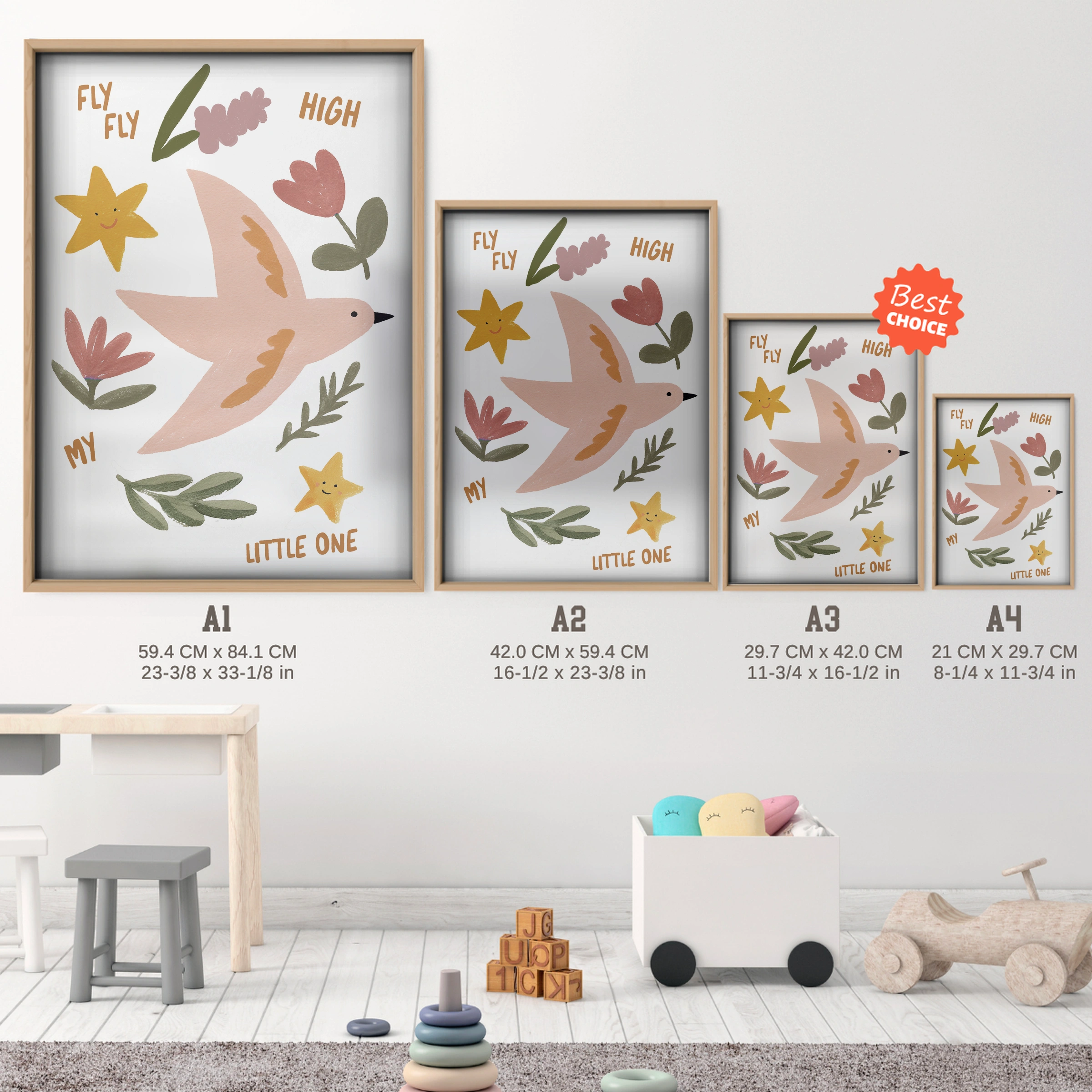 Fly Fly High Nursery Print - size guide A4 A3 A2 A1 nursery print
