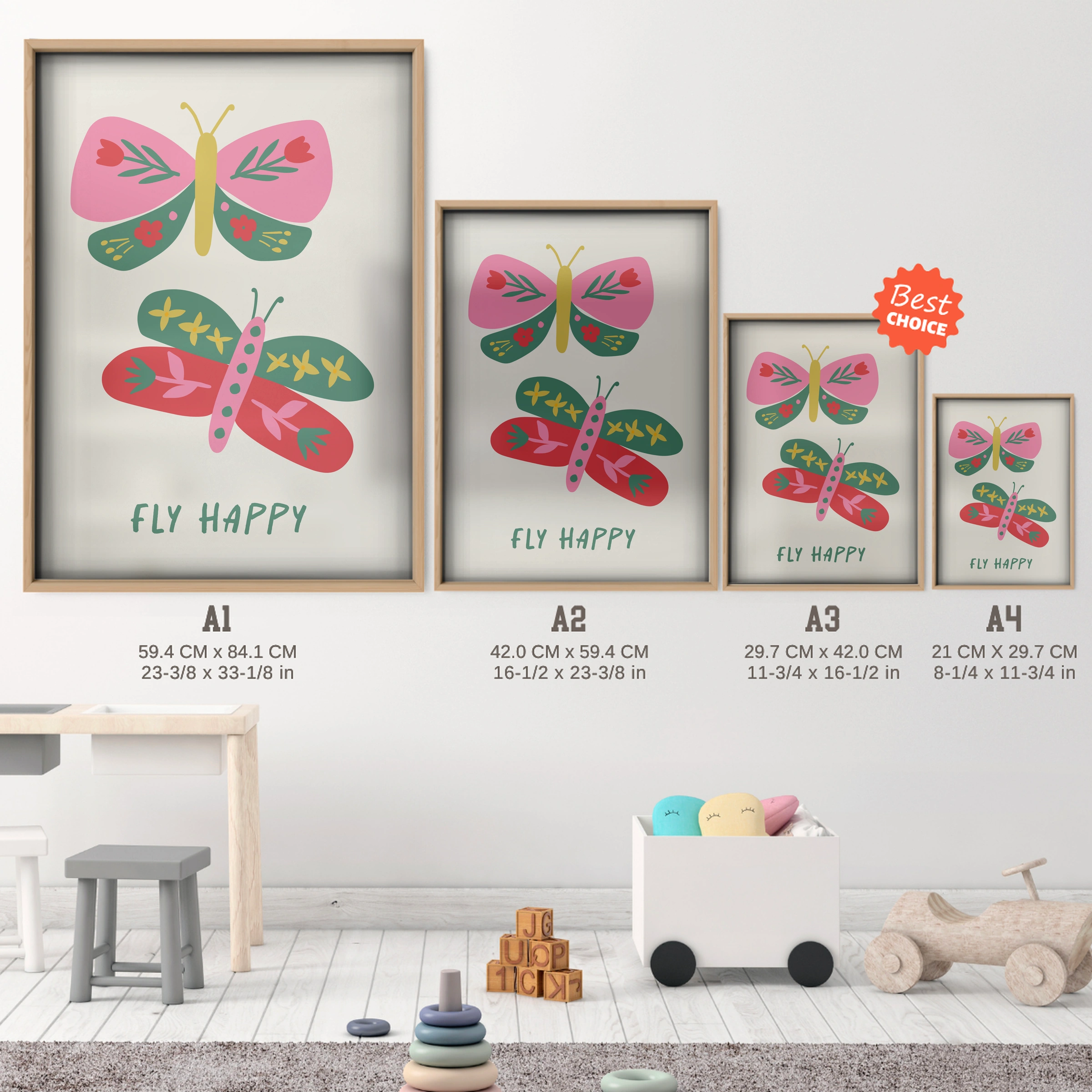 Fly Happy Butterfly Nursery Print - size guide A4 A3 A2 A1 nursery print