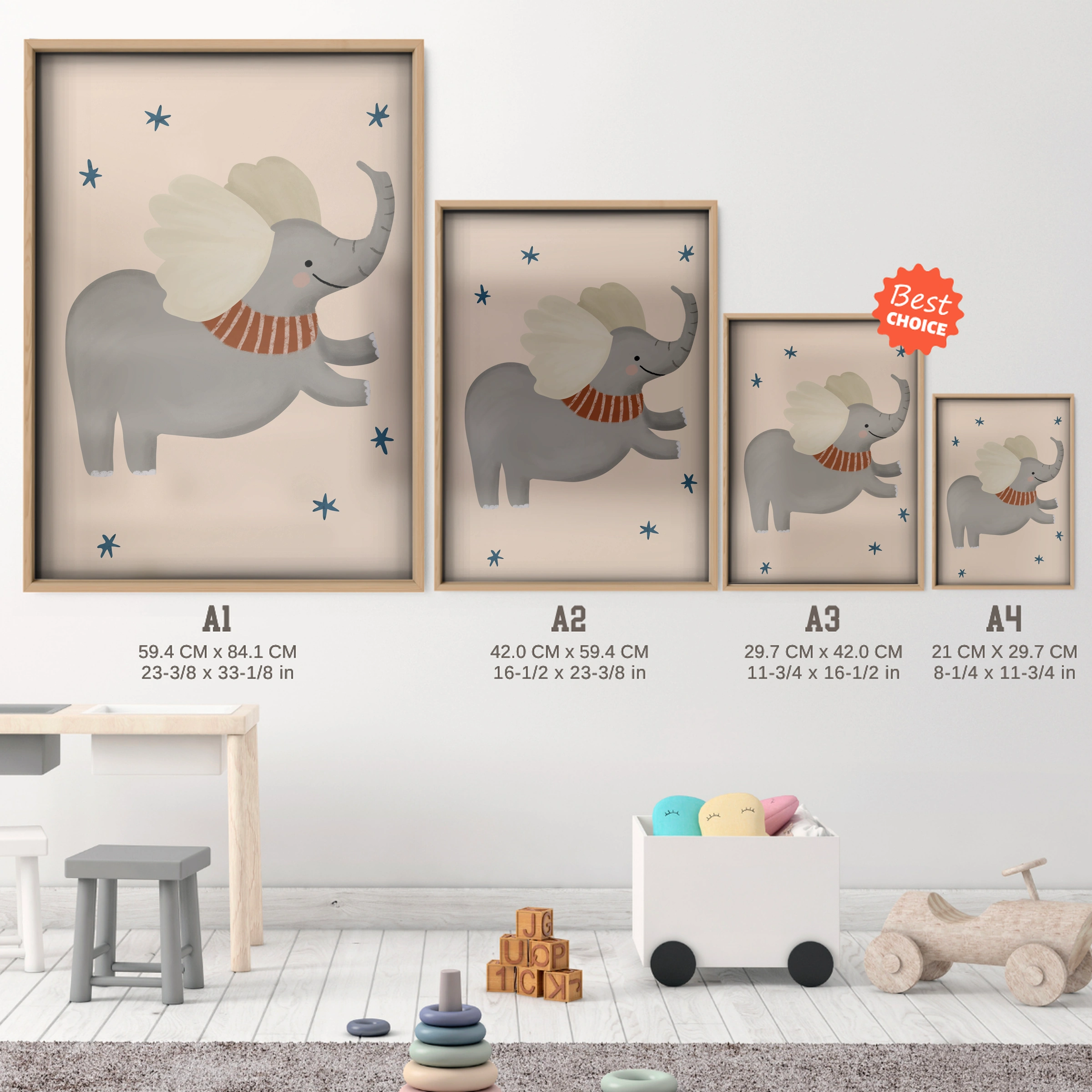 Flying Elephant Nursery Print - size guide A4 A3 A2 A1 nursery print