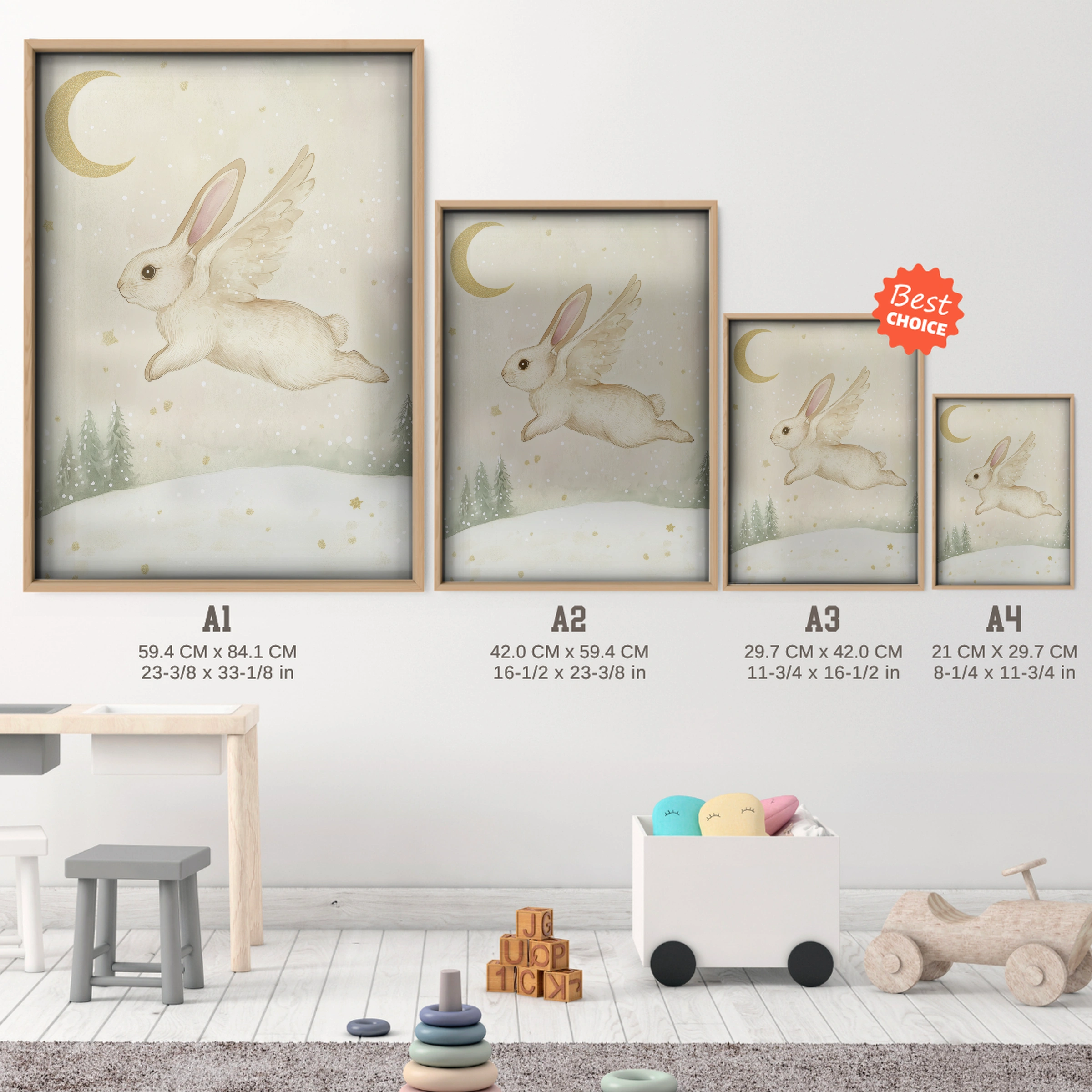 Flying Rabbit and Moon Christmas Print - size guide A4 A3 A2 A1 nursery print
