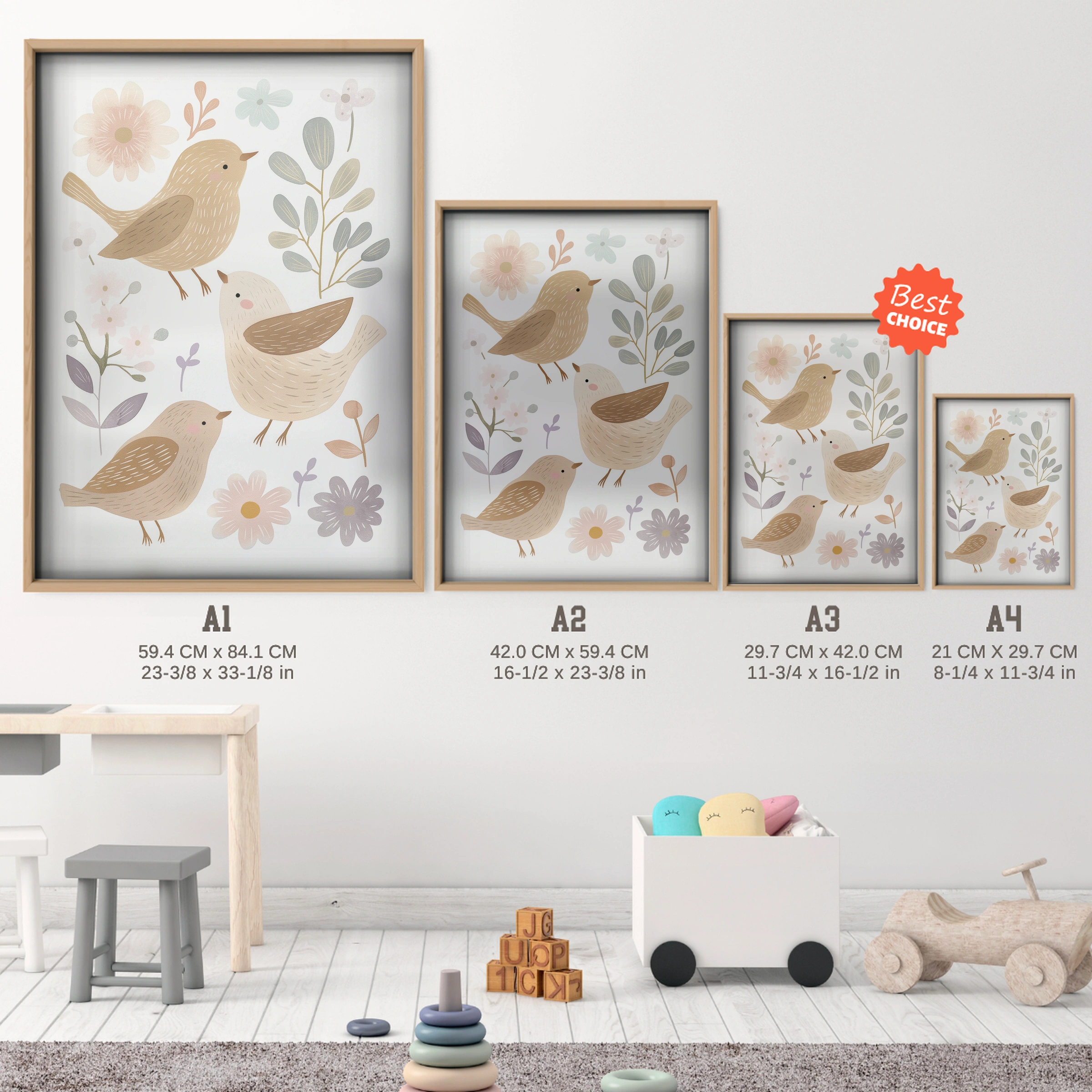 Folk Bird Nursery Print - size guide A4 A3 A2 A1 nursery print