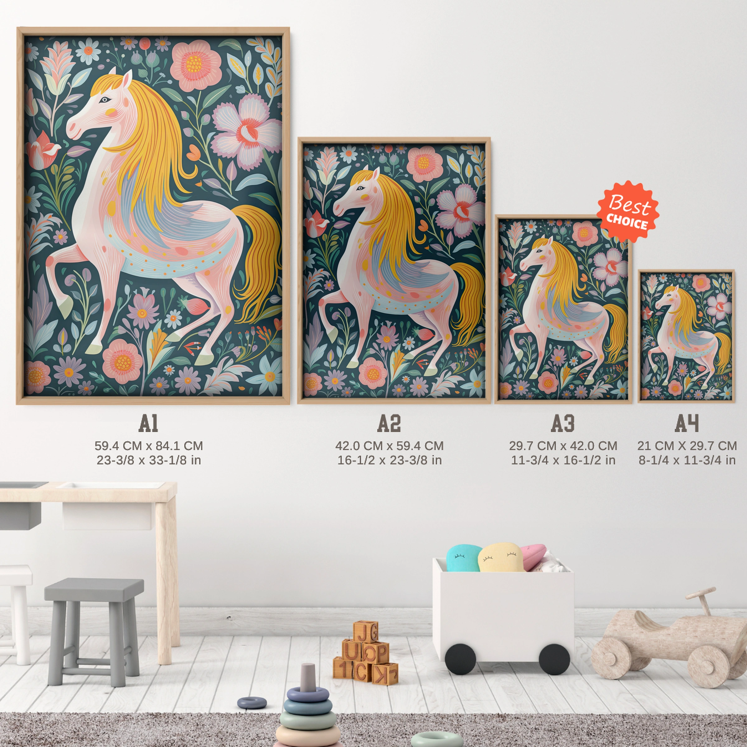 Folk Flower Horse Nursery Print - size guide A4 A3 A2 A1 nursery print