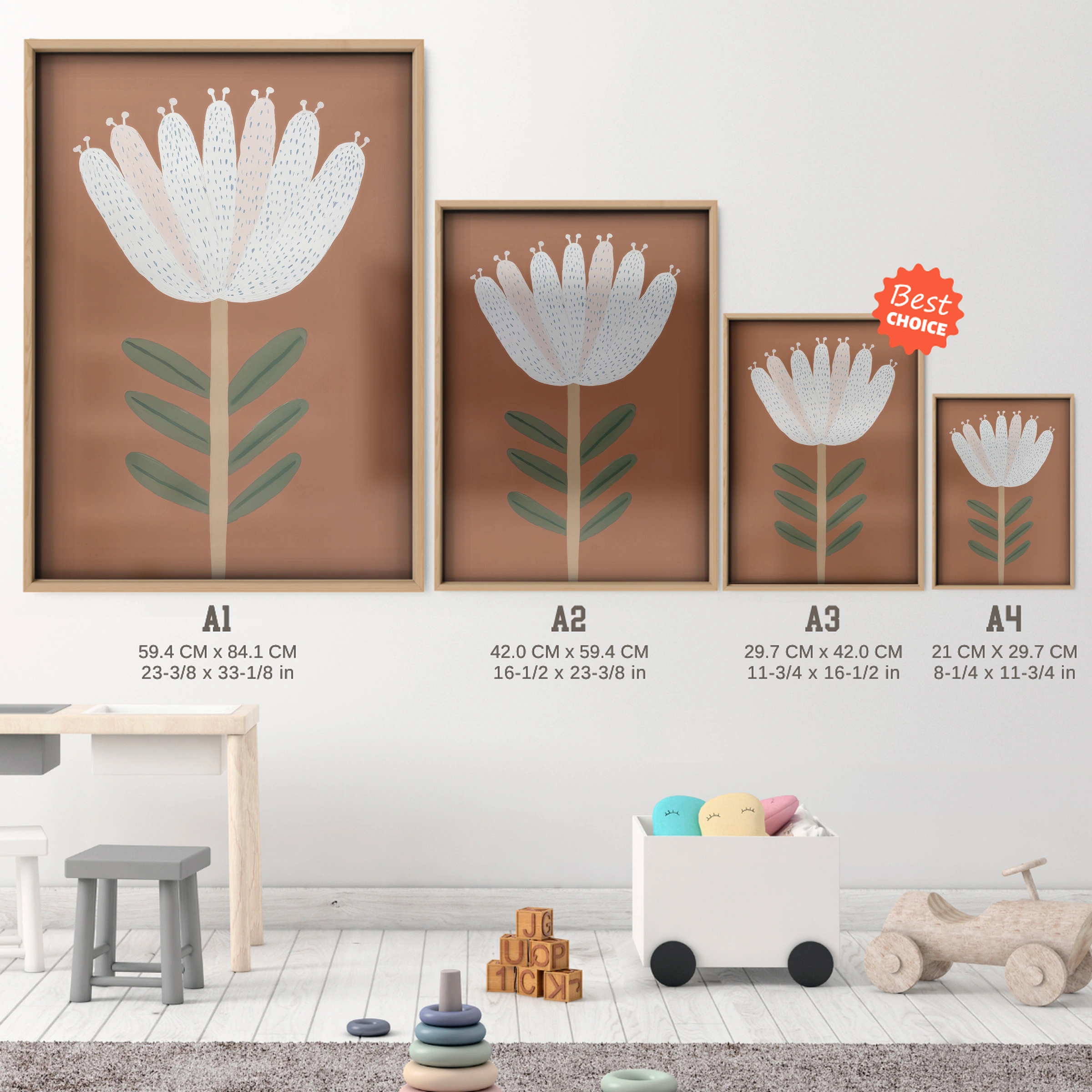 Folk Flower Nursery Print - size guide A4 A3 A2 A1 nursery print