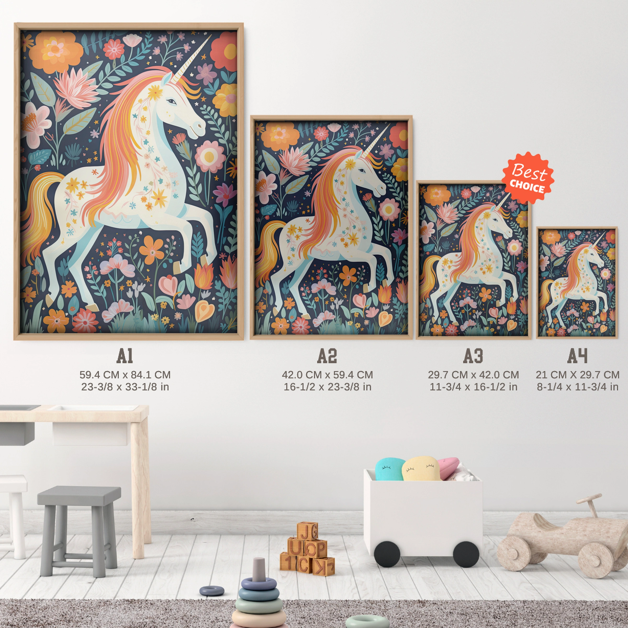 Folk Flower Unicorn Nursery Print - size guide A4 A3 A2 A1 nursery print