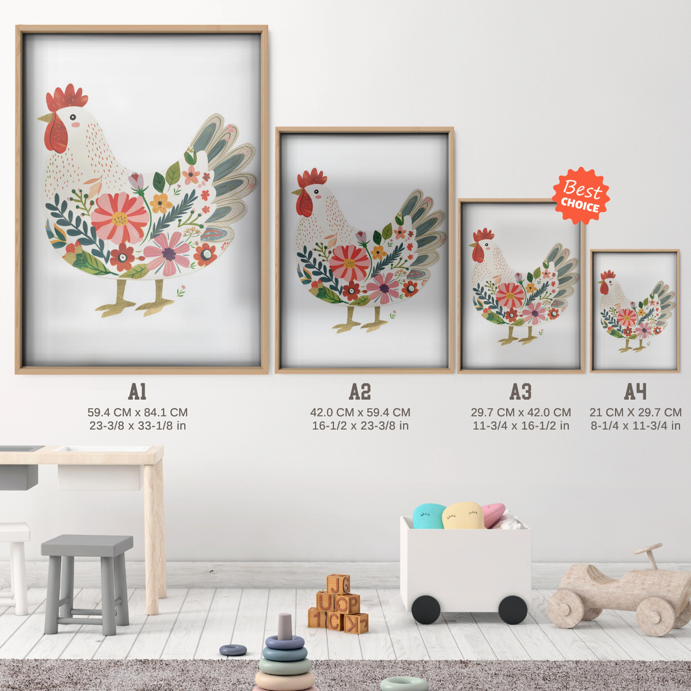 Folk Hen Nursery Print - size guide A4 A3 A2 A1 nursery print