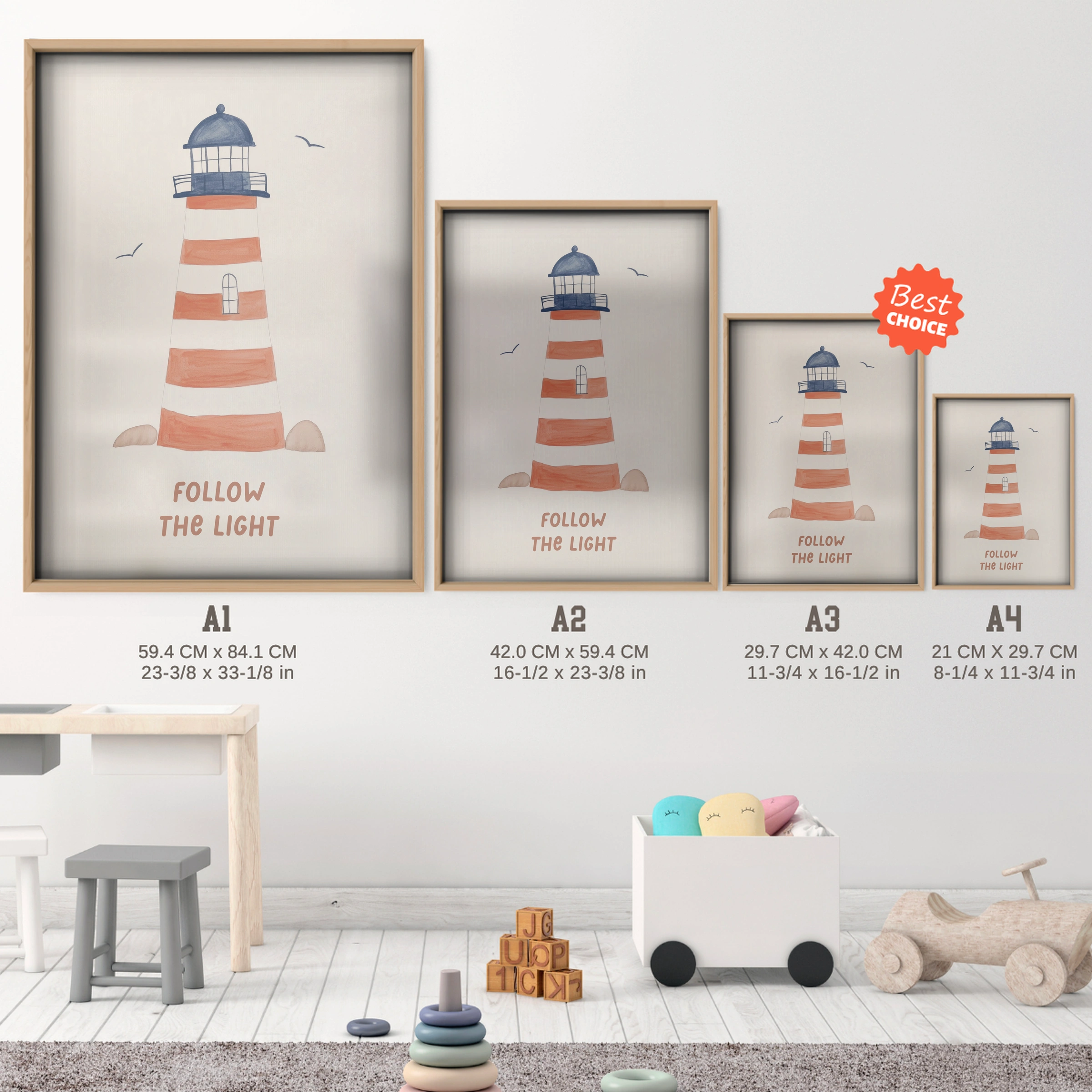 Follow The Light Lighthouse Nursery Print - size guide A4 A3 A2 A1 nursery print