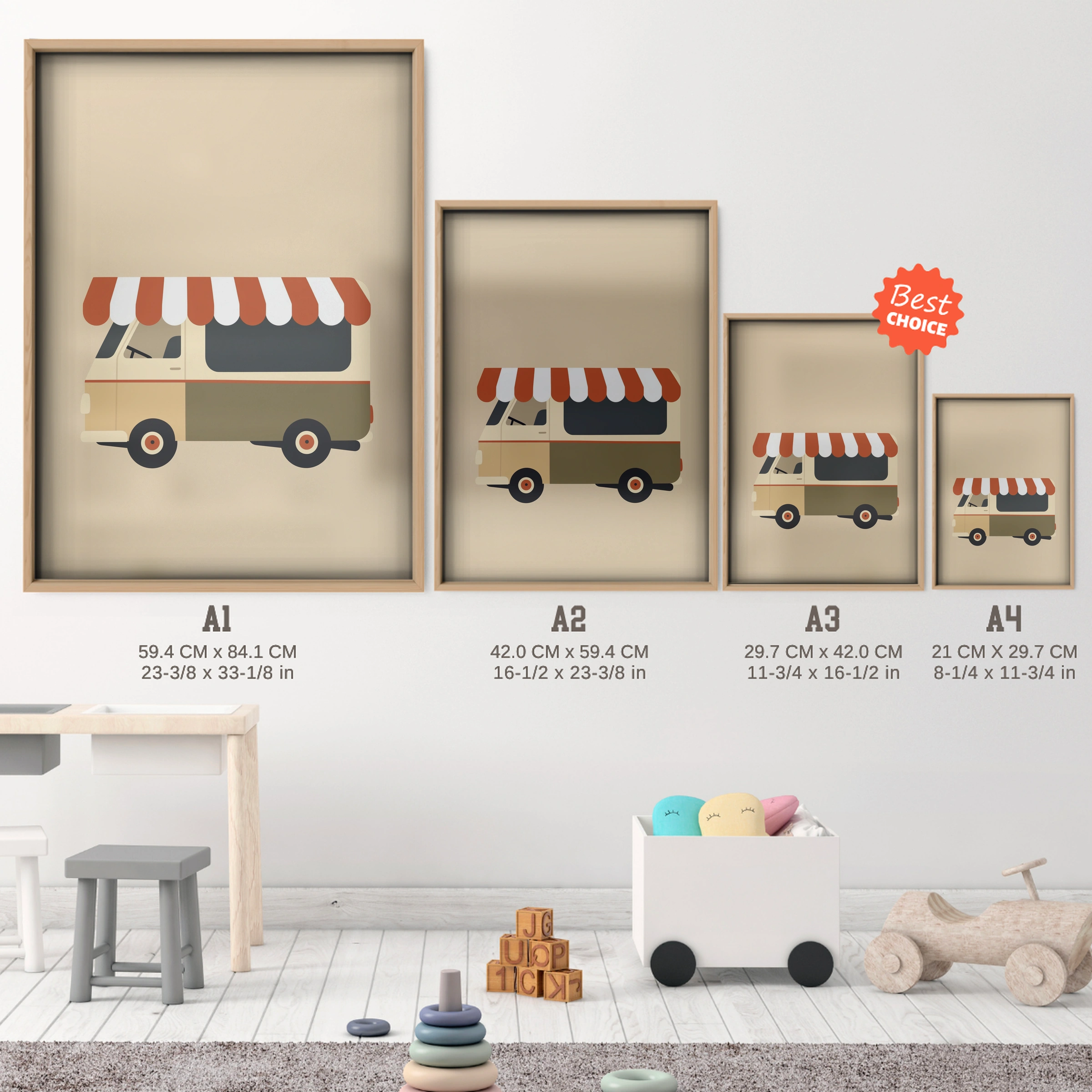 Food Truck Nursery Print - size guide A4 A3 A2 A1 nursery print