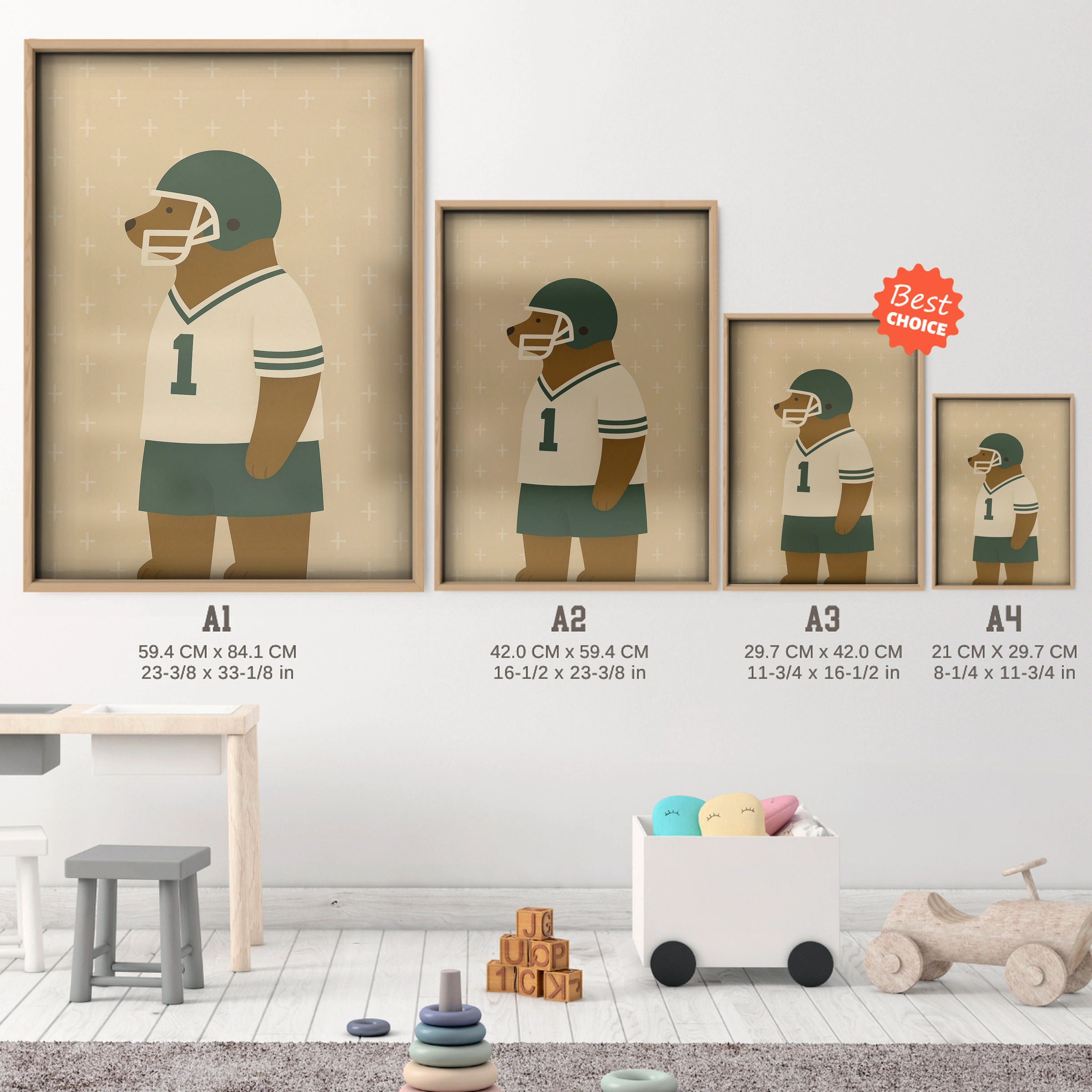 Football Bear Nursery Print - size guide A4 A3 A2 A1 nursery print