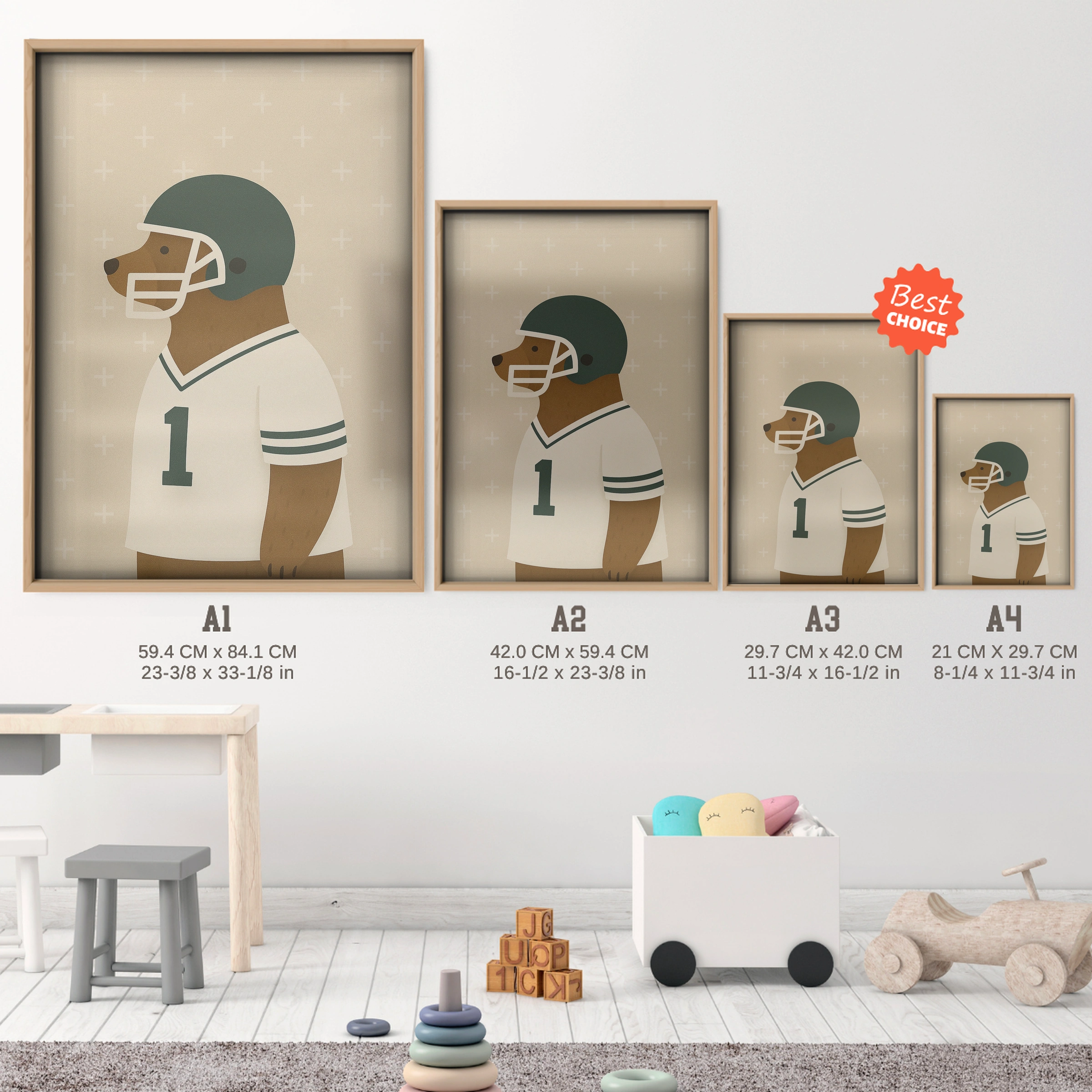 Football Dog Nursery Print - size guide A4 A3 A2 A1 nursery print
