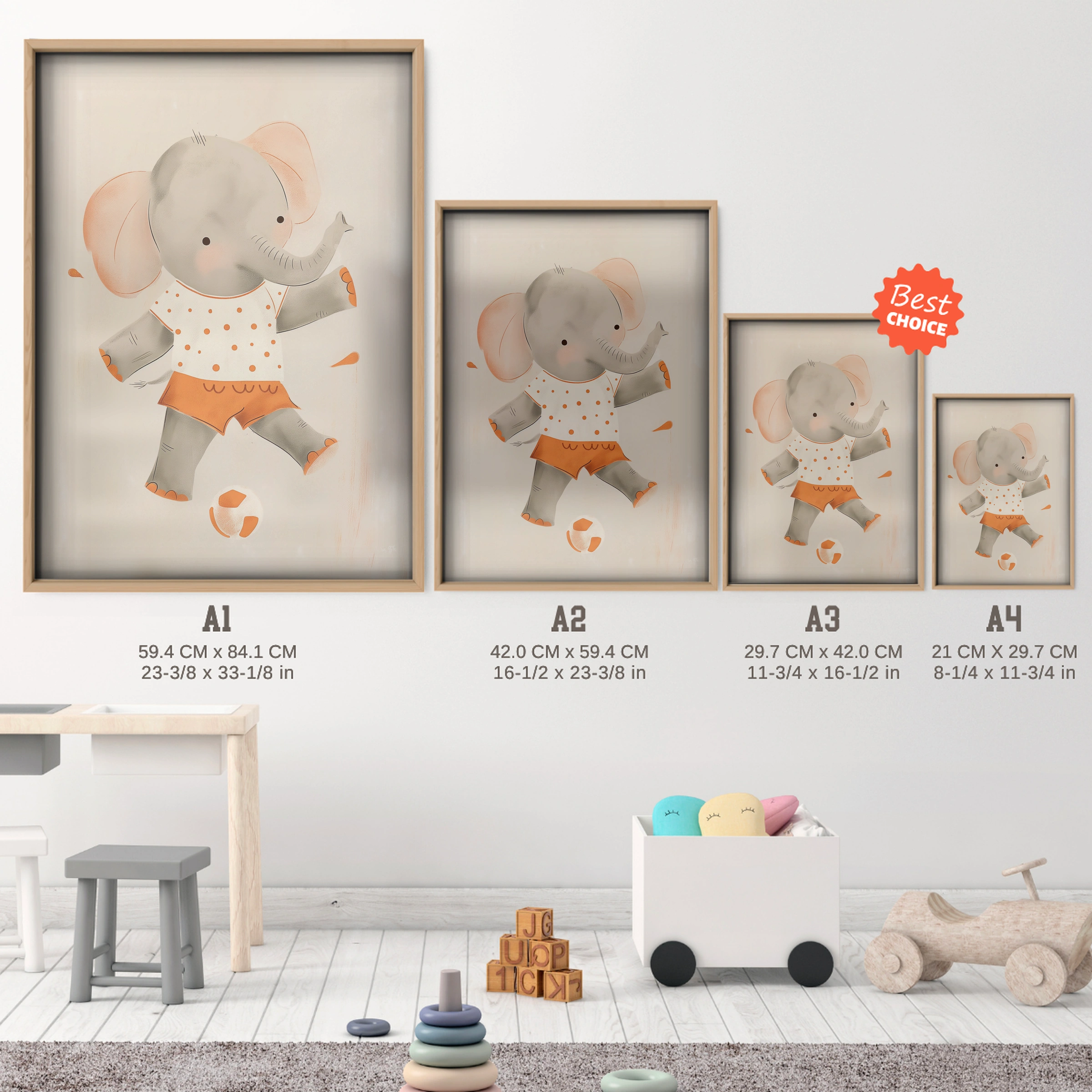 Football Elephant Nursery Print - size guide A4 A3 A2 A1 nursery print