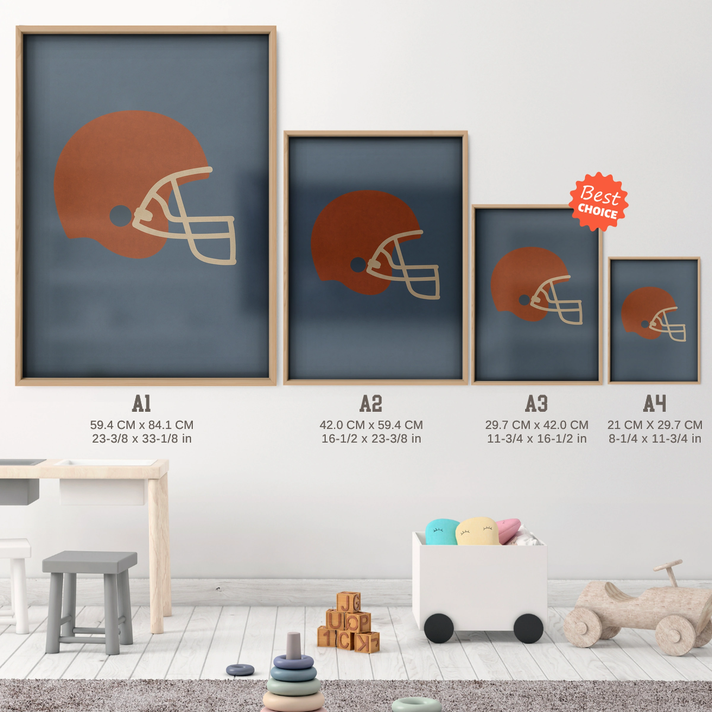 Football Helmet Nursery Print - size guide A4 A3 A2 A1 nursery print