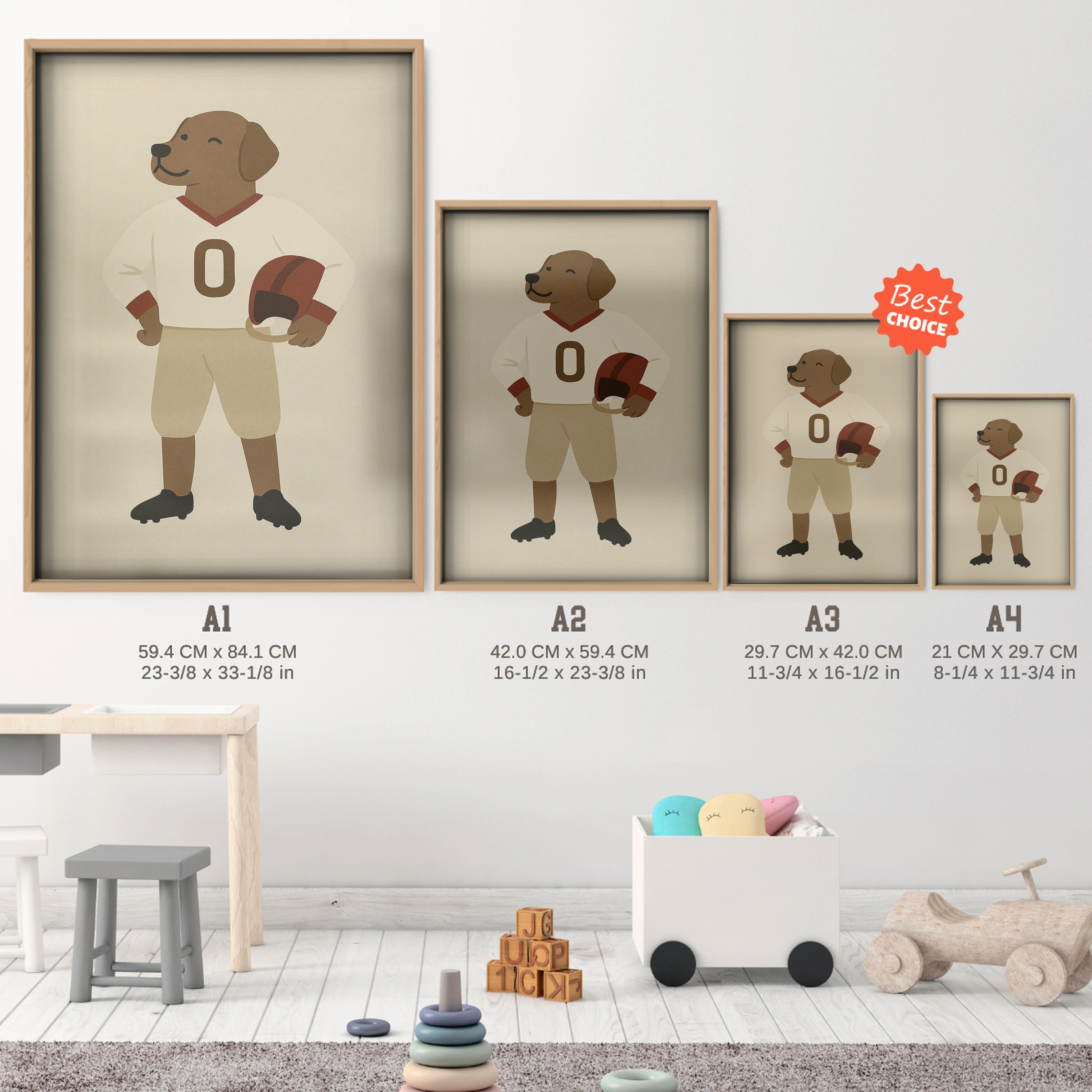 Football Player Dog Nursery Print - size guide A4 A3 A2 A1 nursery print