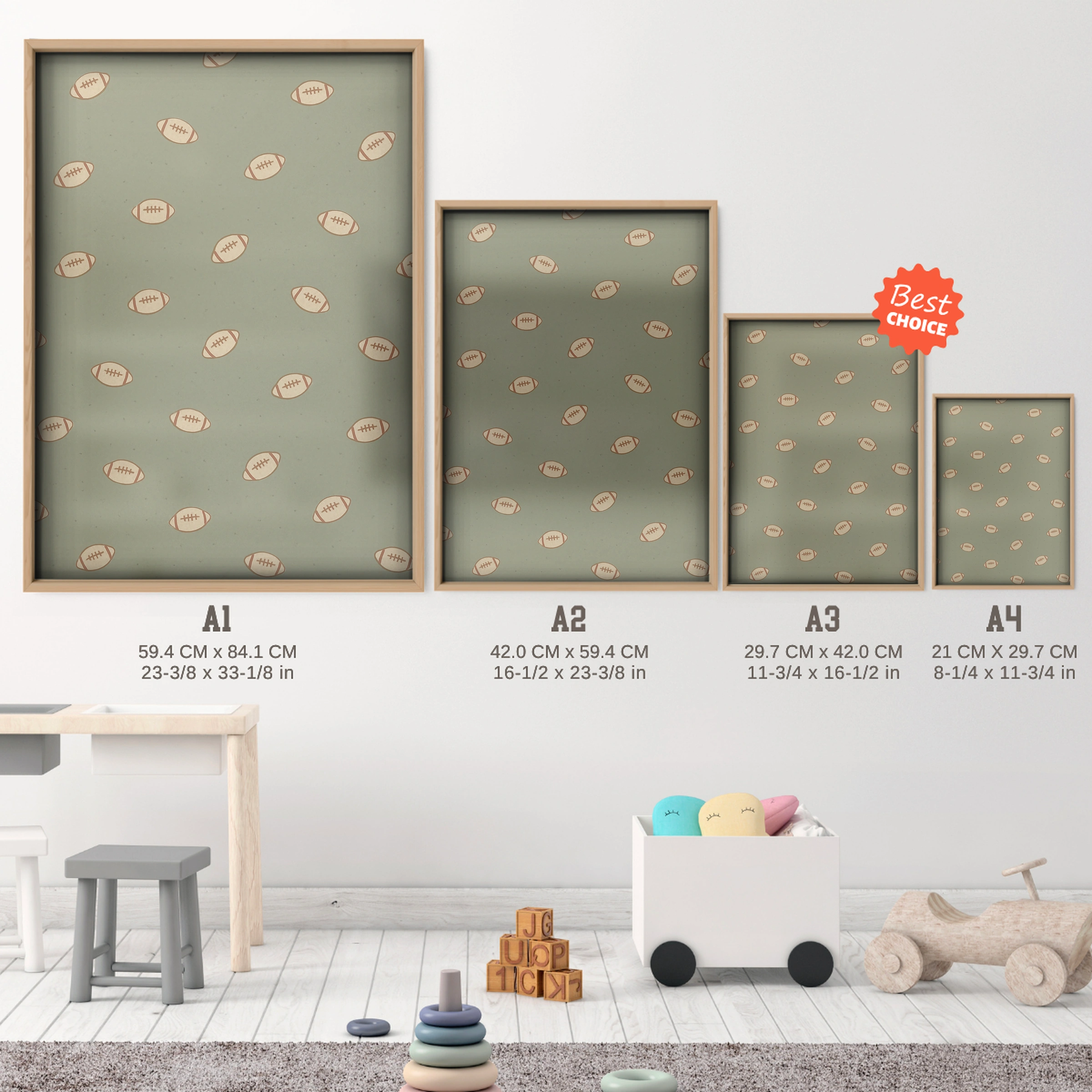 Footballs Pattern Nursery Print - size guide A4 A3 A2 A1 nursery print