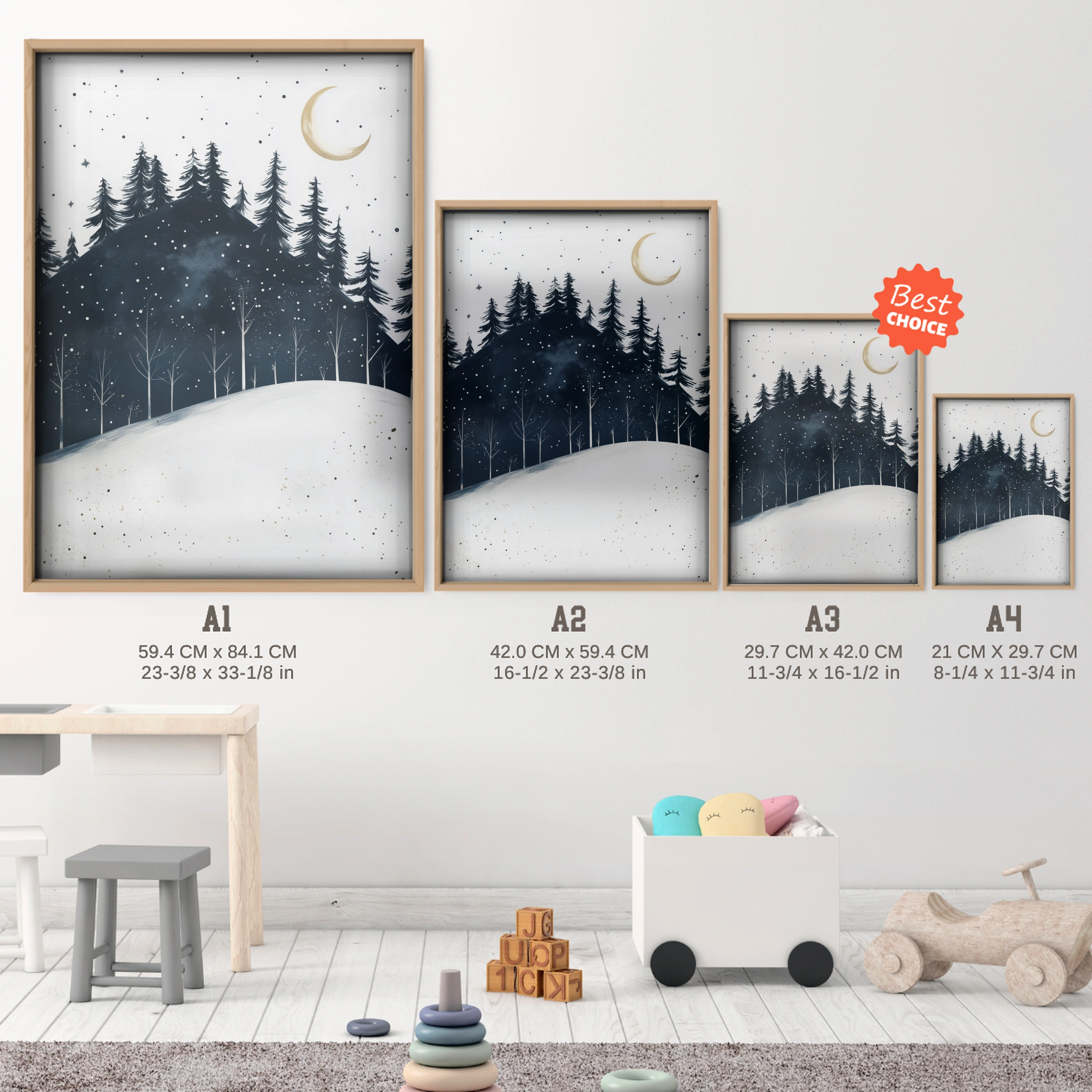 Forest at Night Christmas Print - size guide A4 A3 A2 A1 nursery print