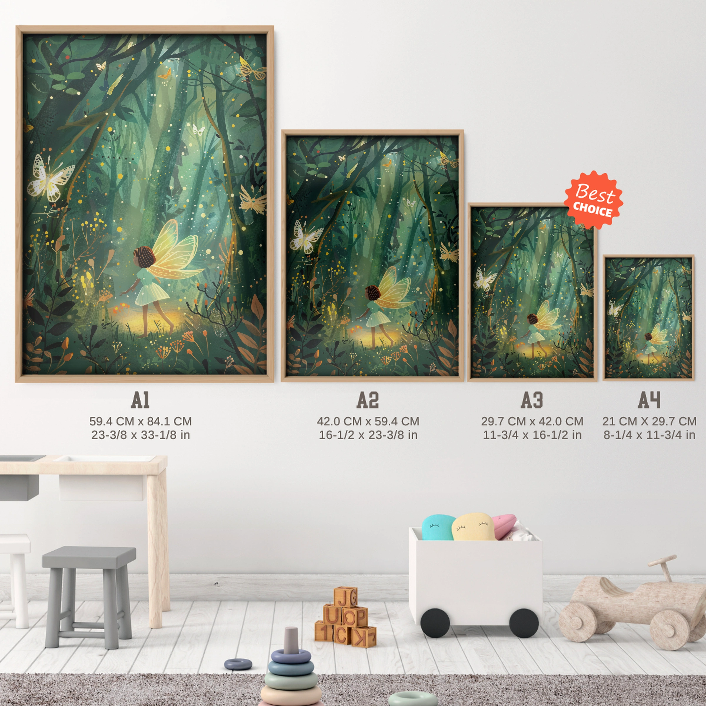 Forest Fairy Nursery Print - size guide A4 A3 A2 A1 nursery print