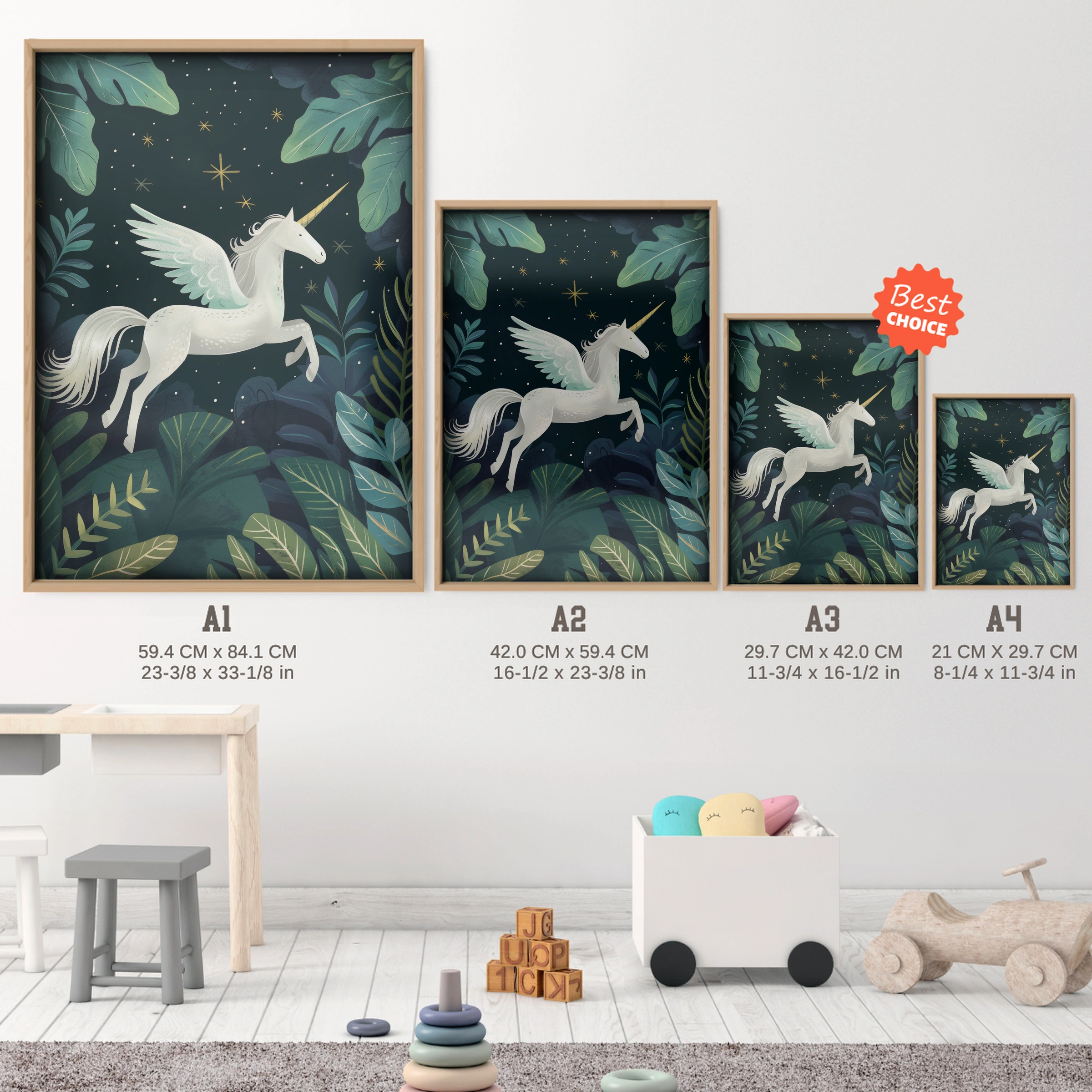 Forest Pegasus Nursery Print - size guide A4 A3 A2 A1 nursery print