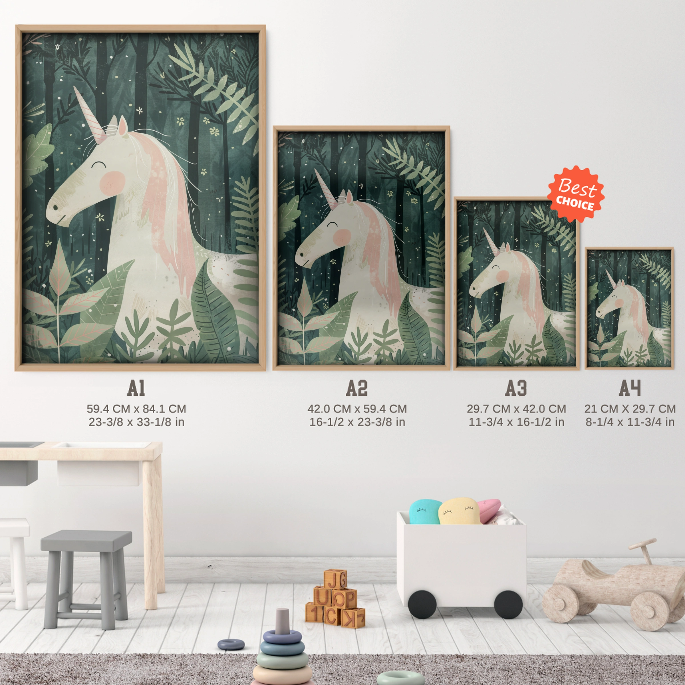 Forest Unicorn Nursery Print - size guide A4 A3 A2 A1 nursery print