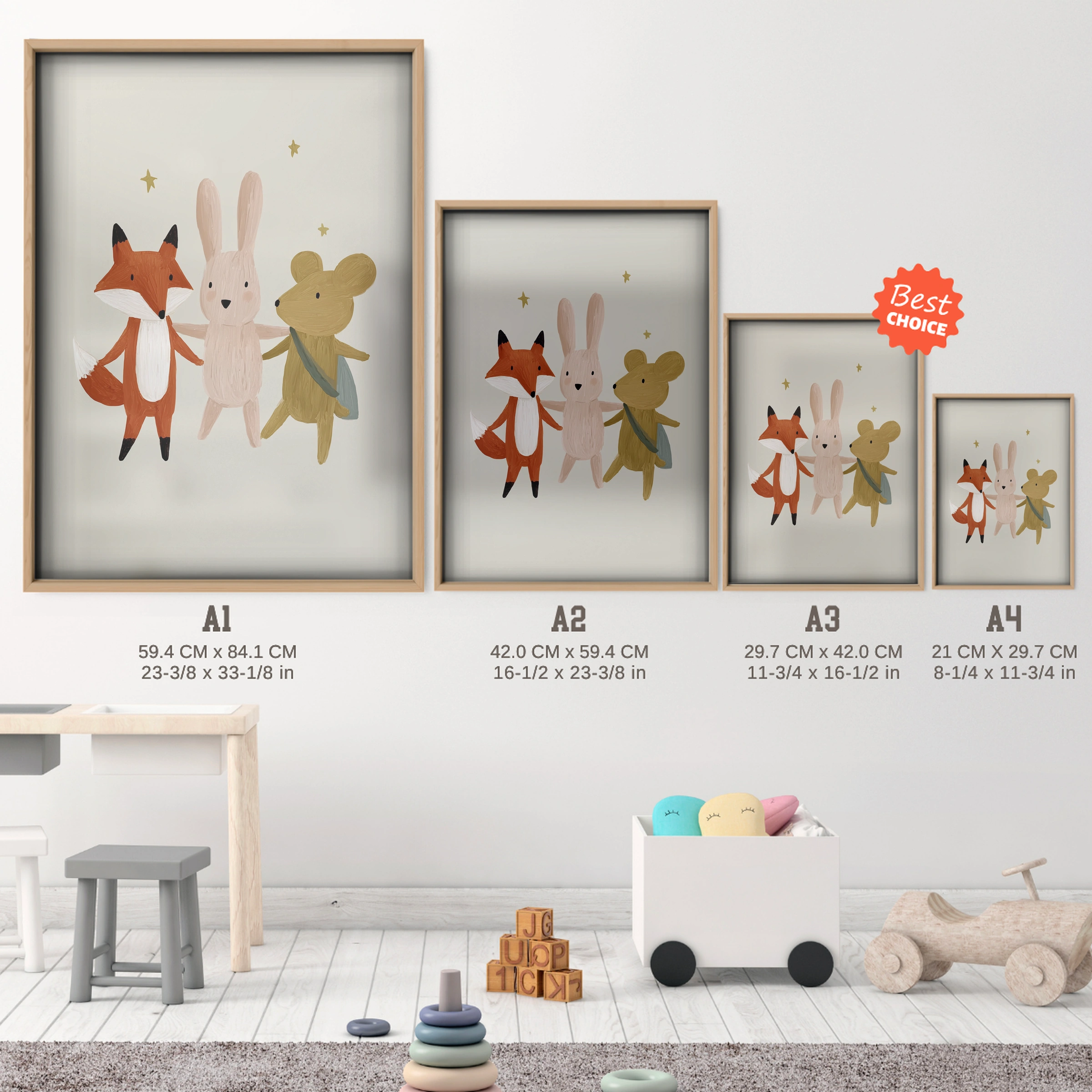 Fox and Mouse Nursery Print - size guide A4 A3 A2 A1 nursery print