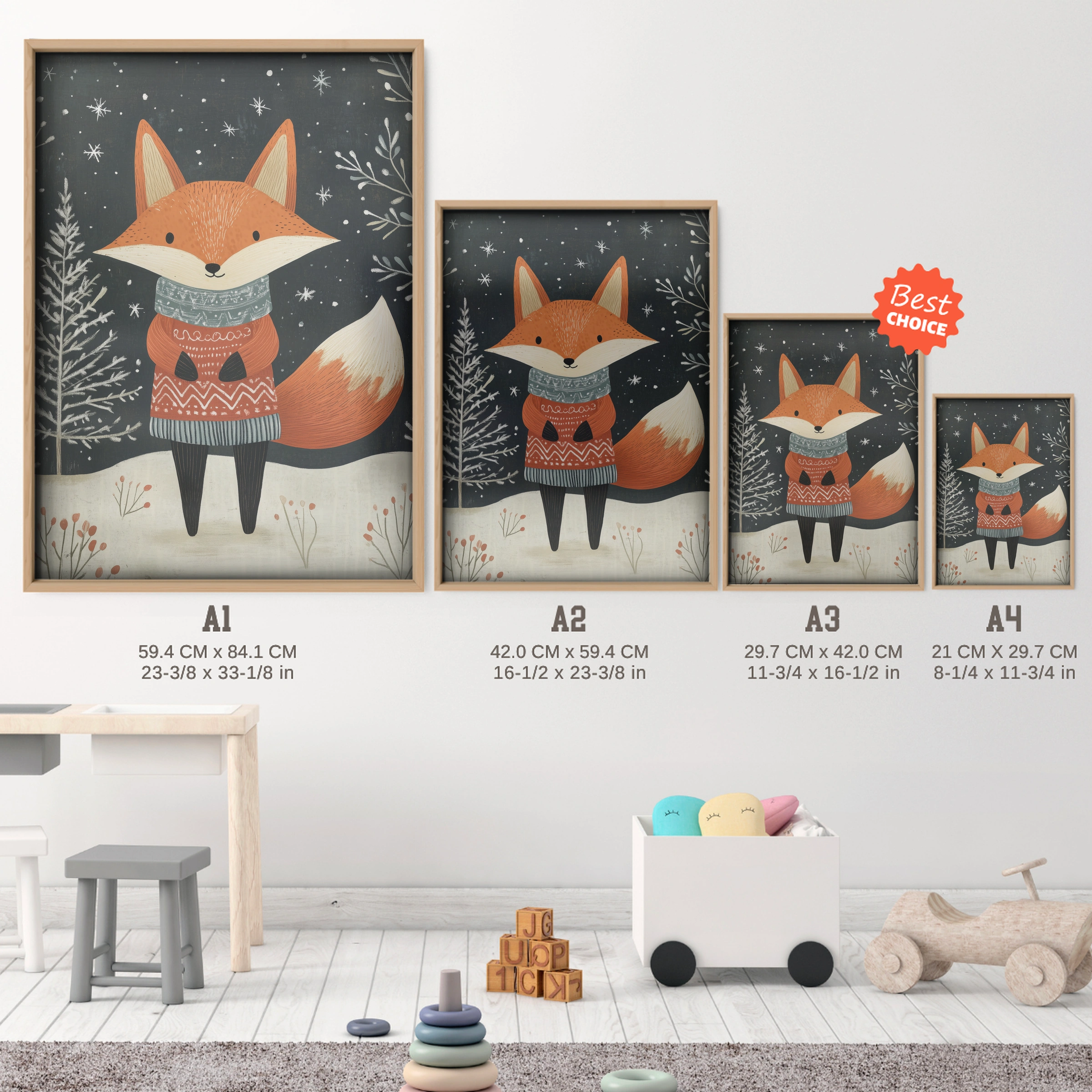 Fox in a Sweater Christmas Print - size guide A4 A3 A2 A1 nursery print