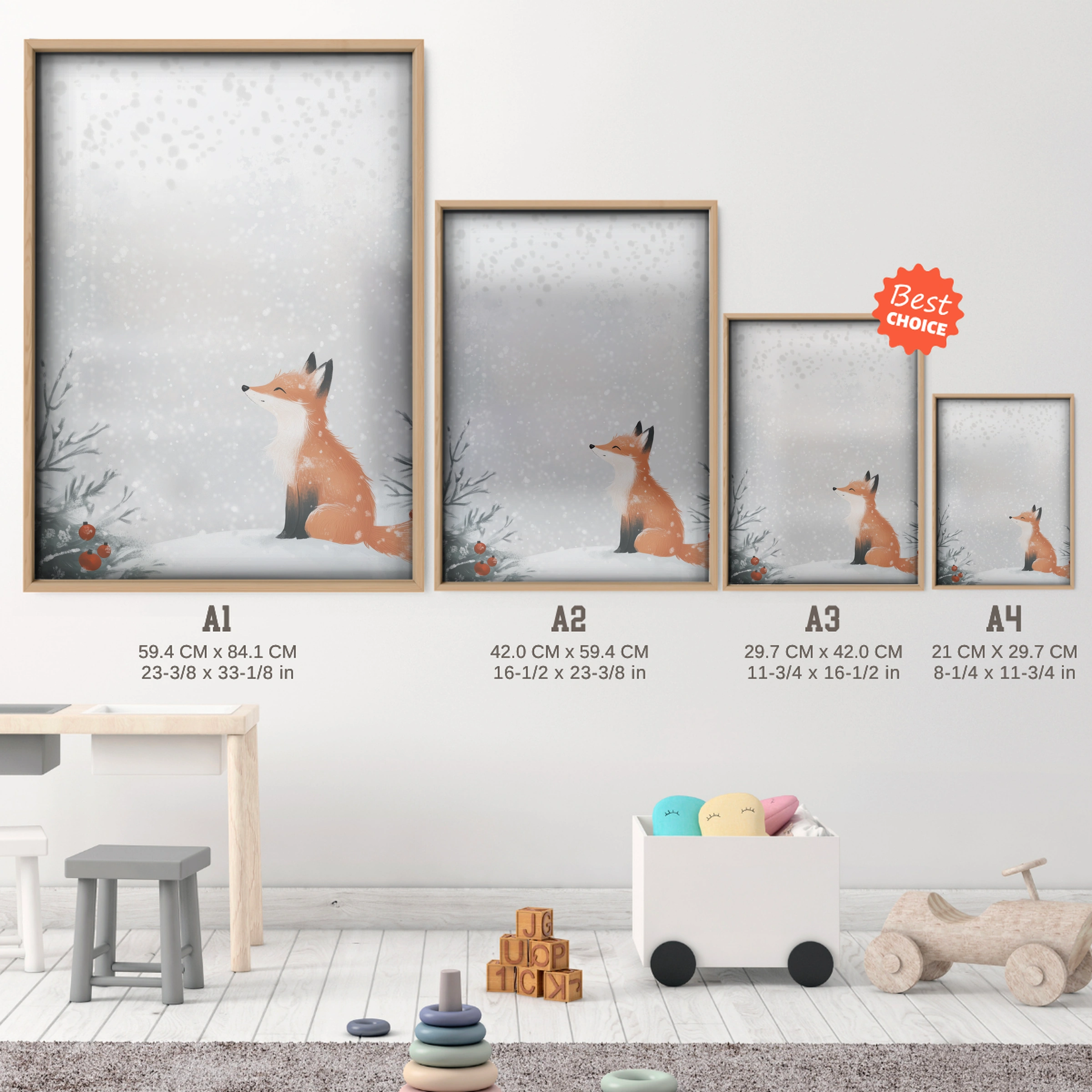 Fox in the Snow Christmas Print - size guide A4 A3 A2 A1 nursery print