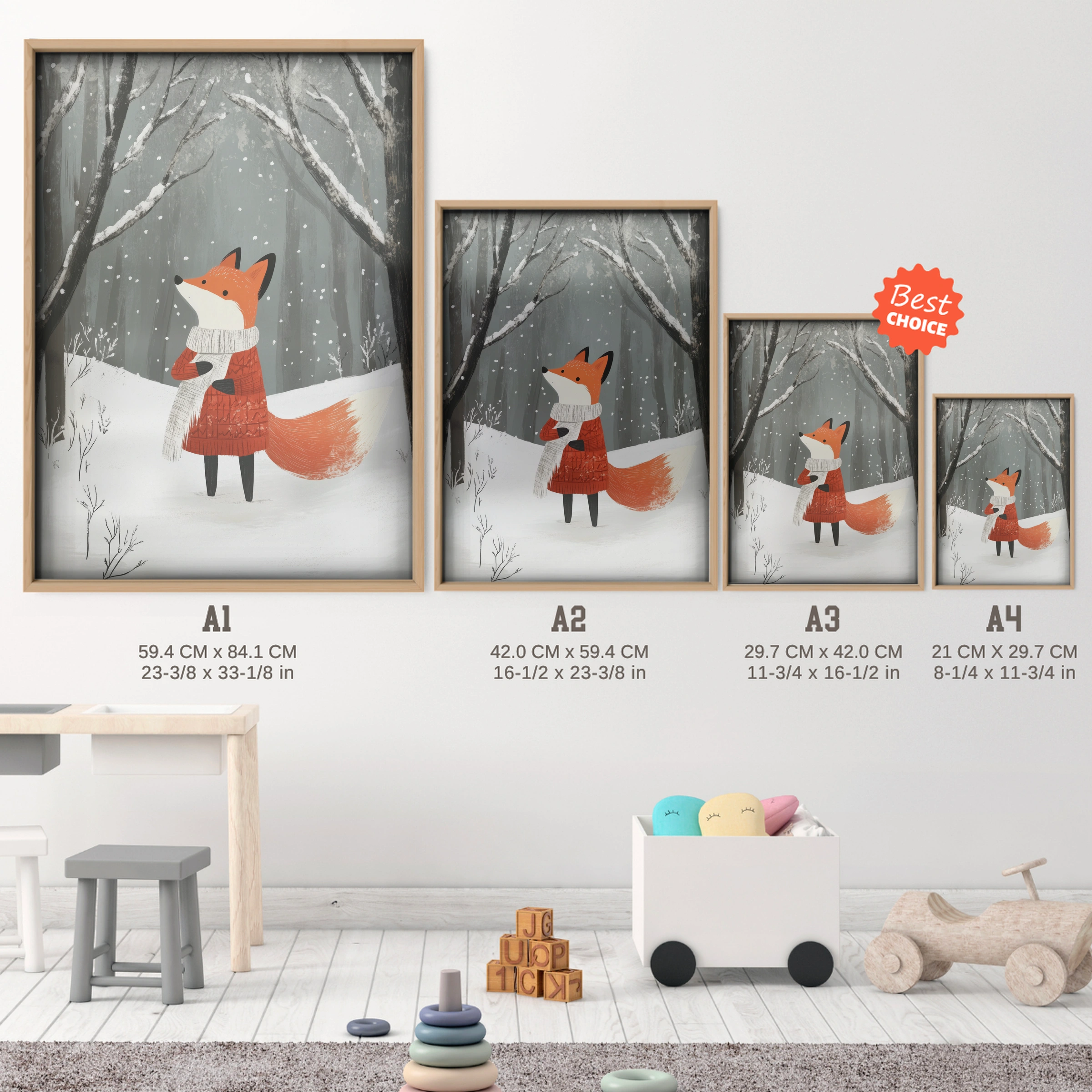 Fox in the Winter Forest Christmas Print - size guide A4 A3 A2 A1 nursery print