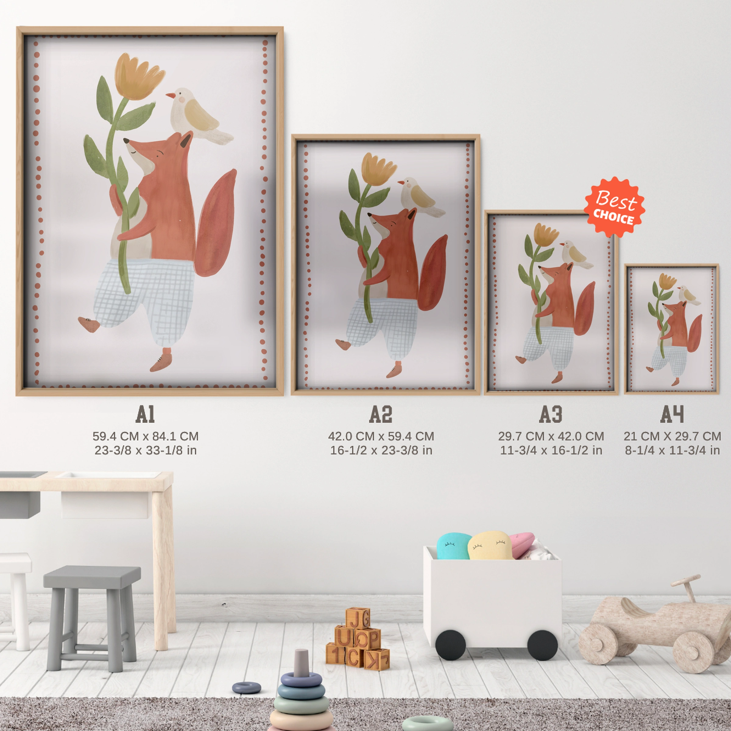 Fox with Flowers Nursery Print - size guide A4 A3 A2 A1 nursery print