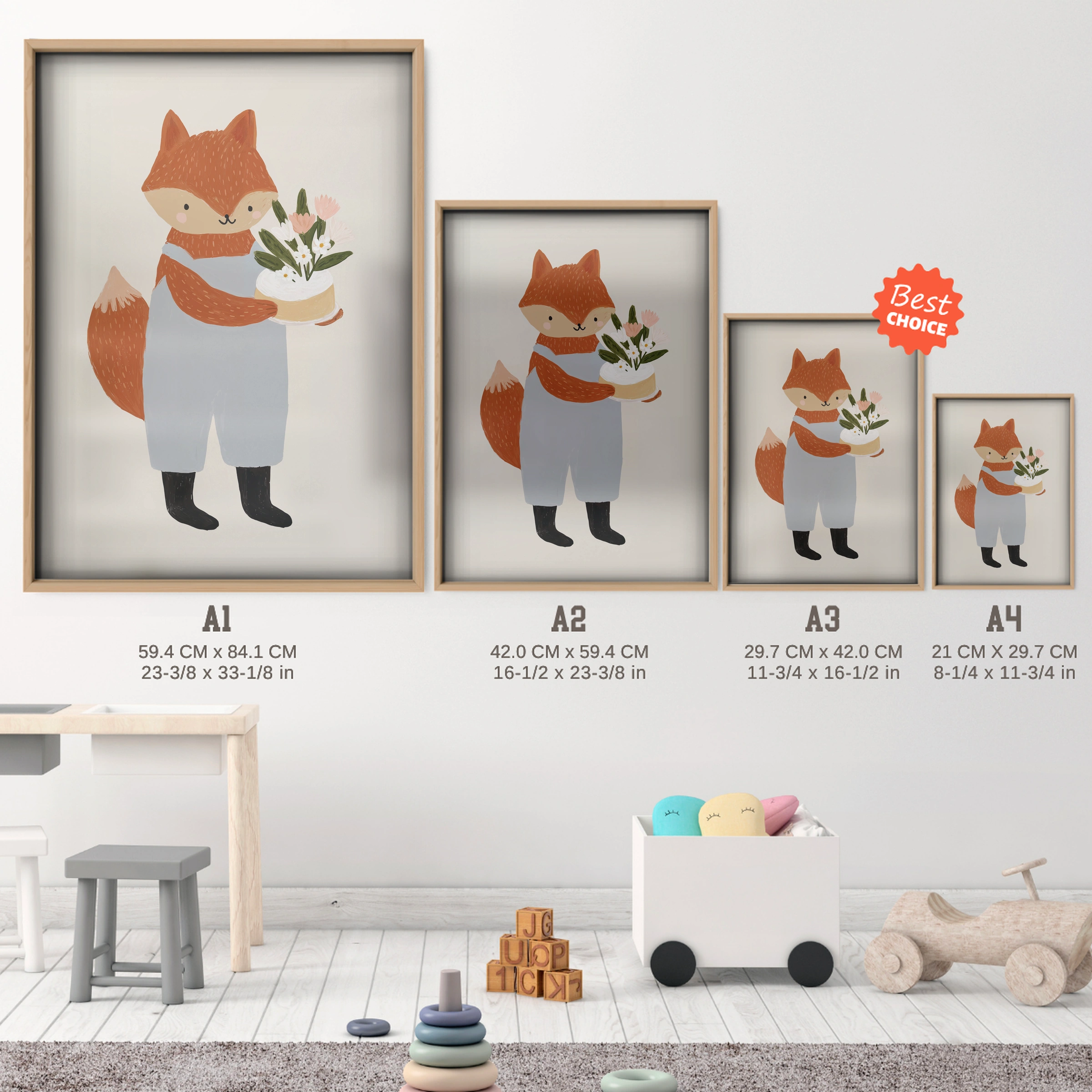 Foxes in Love Nursery Print - size guide A4 A3 A2 A1 nursery print