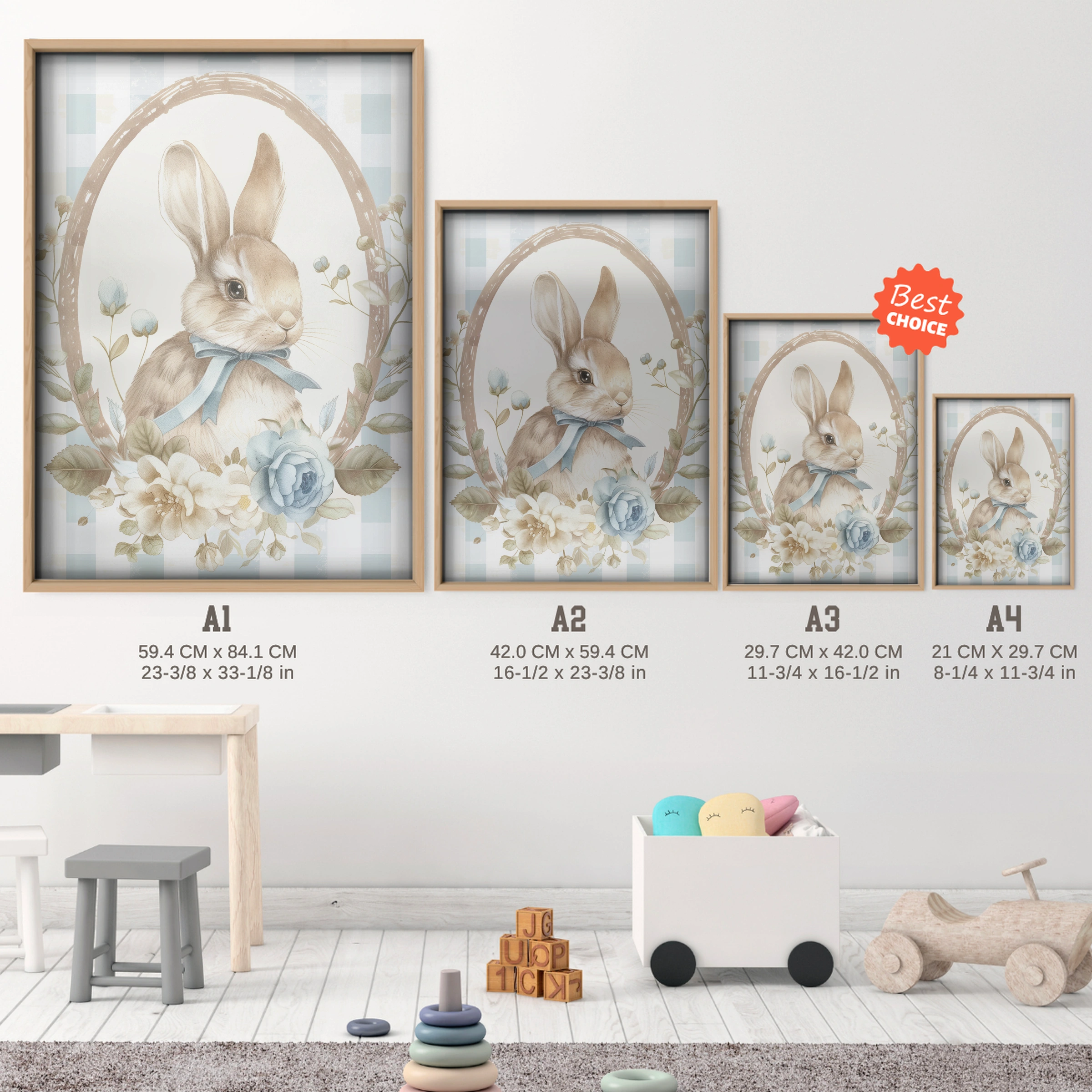 Framed Bunny Blue Nursery Print - size guide A4 A3 A2 A1 nursery print