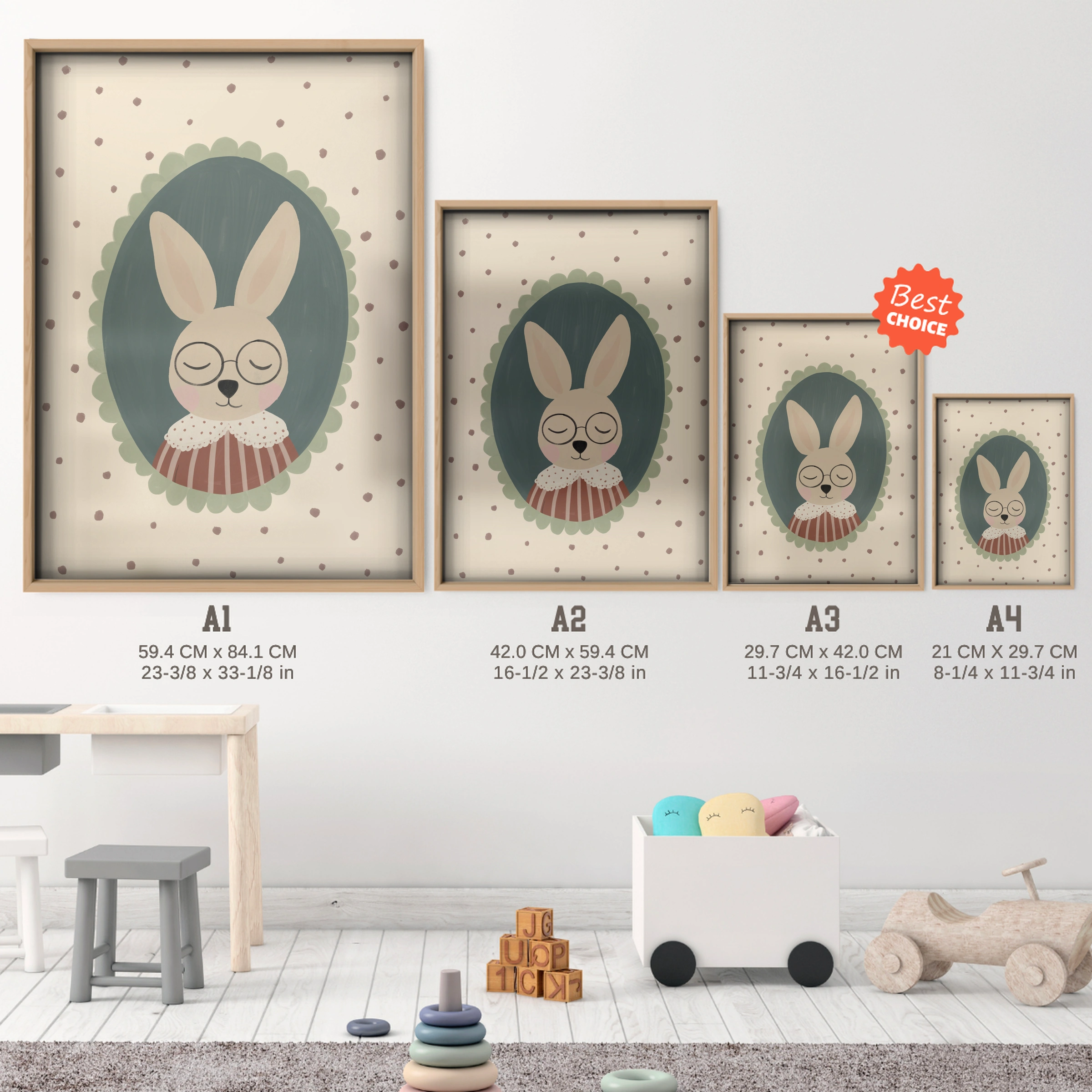 Framed Bunny Nursery Print - size guide A4 A3 A2 A1 nursery print
