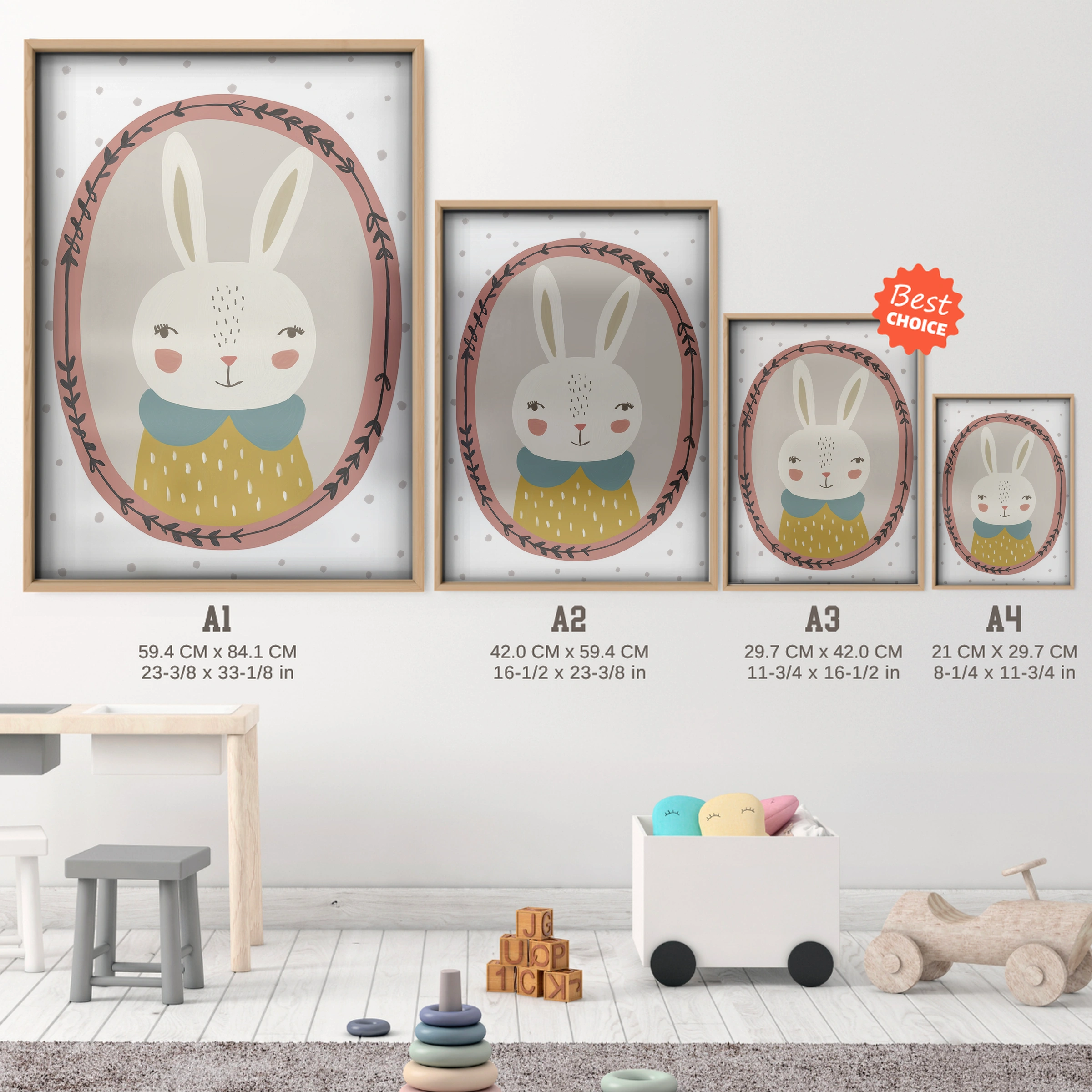 Framed Bunny Yellow Nursery Print - size guide A4 A3 A2 A1 nursery print