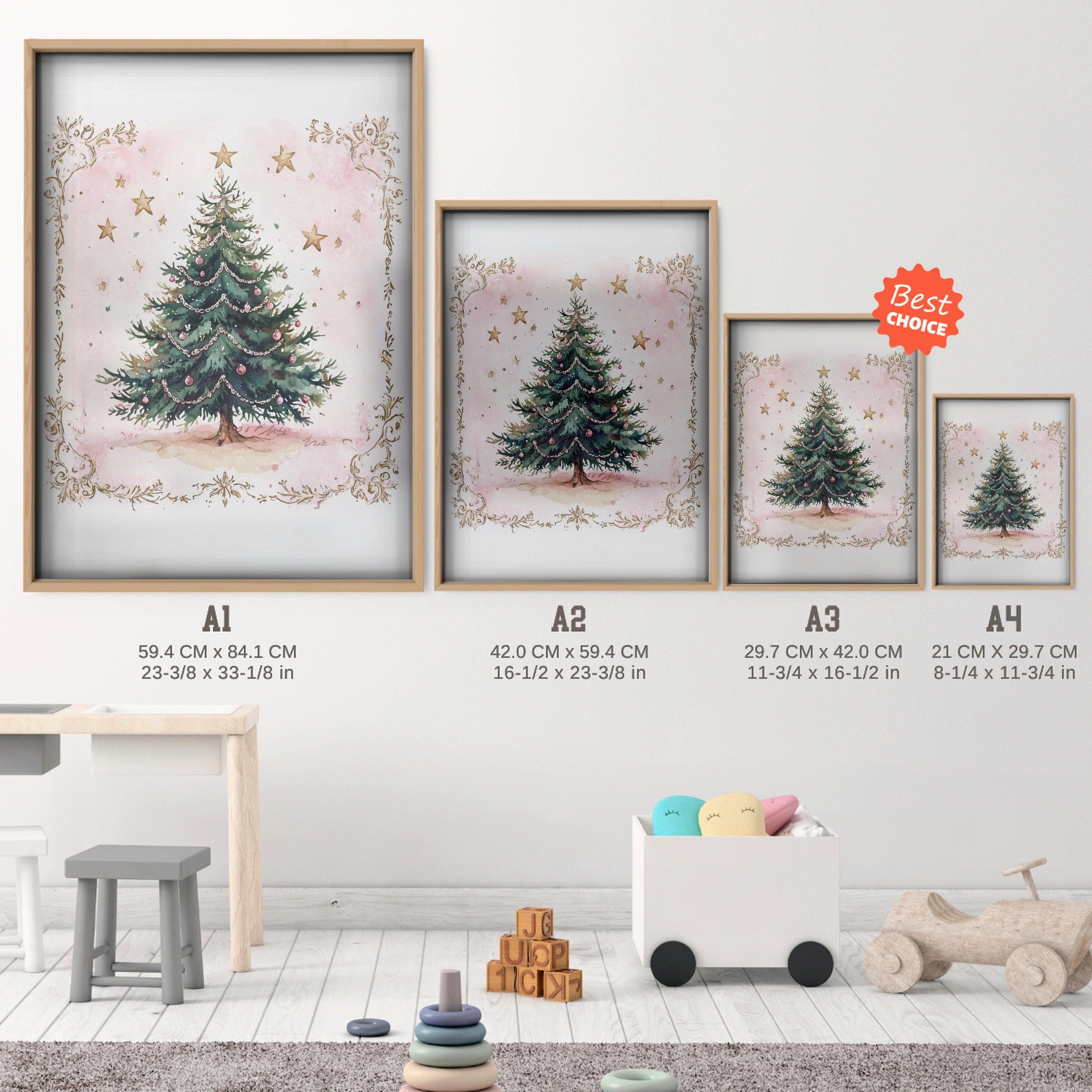 Framed Christmas Tree Print - size guide A4 A3 A2 A1 nursery print