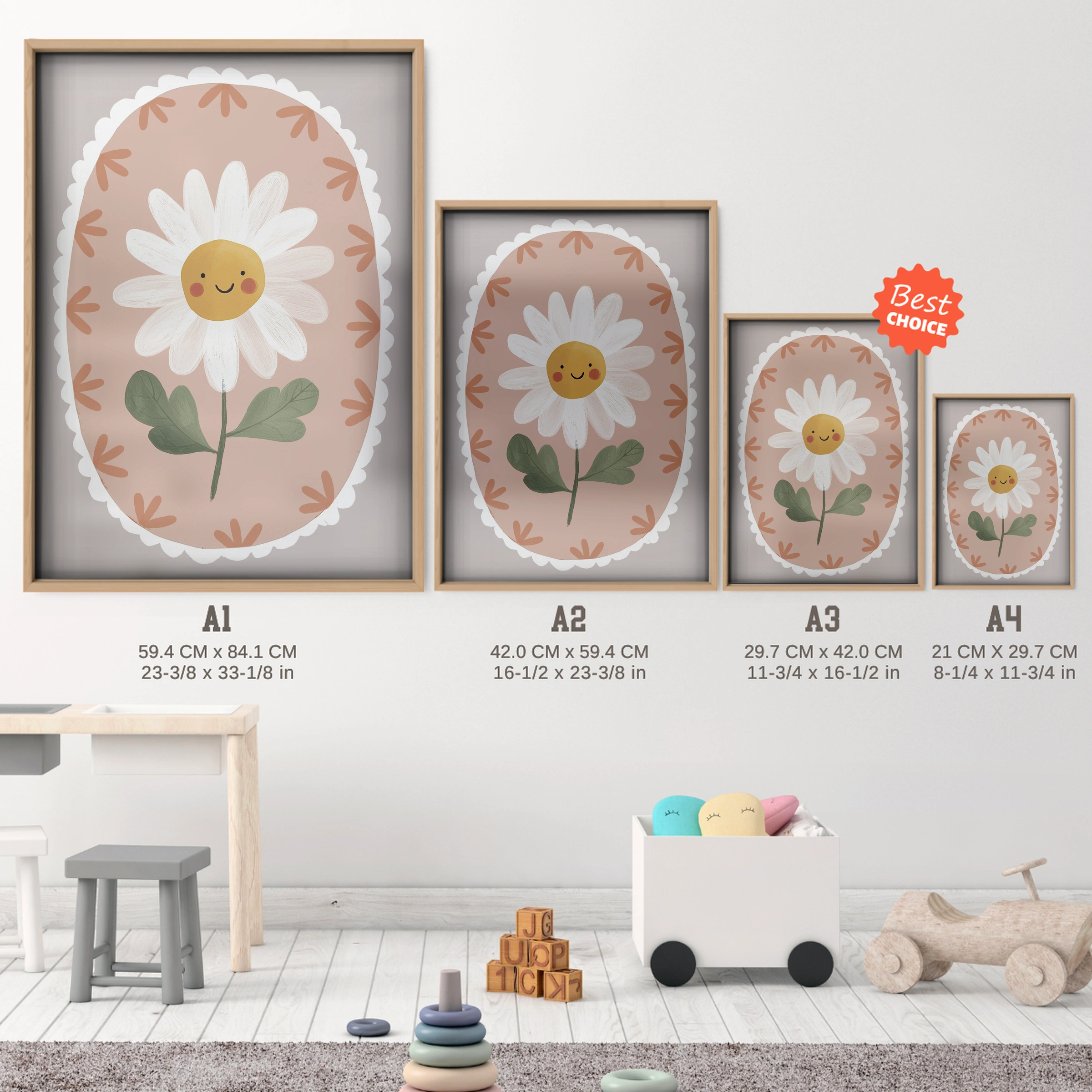 Framed Daisy Nursery Print - size guide A4 A3 A2 A1 nursery print