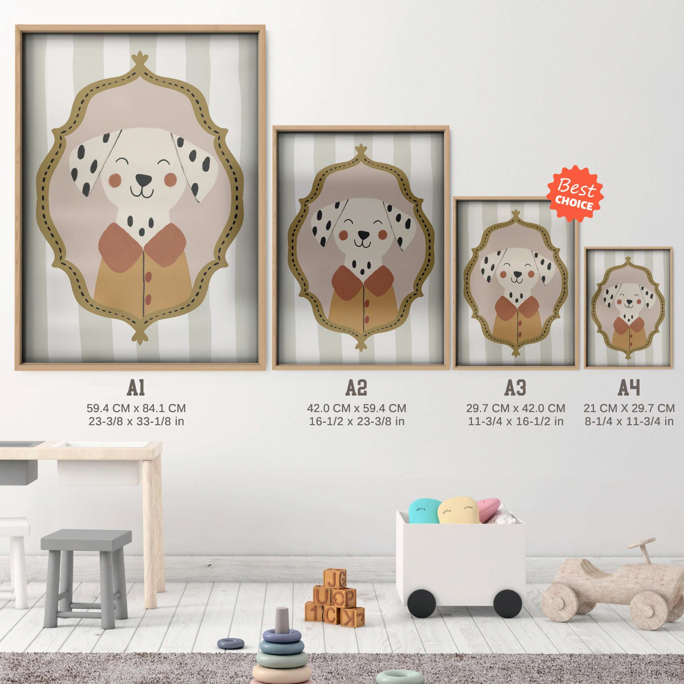 Framed Dog Nursery Print - size guide A4 A3 A2 A1 nursery print