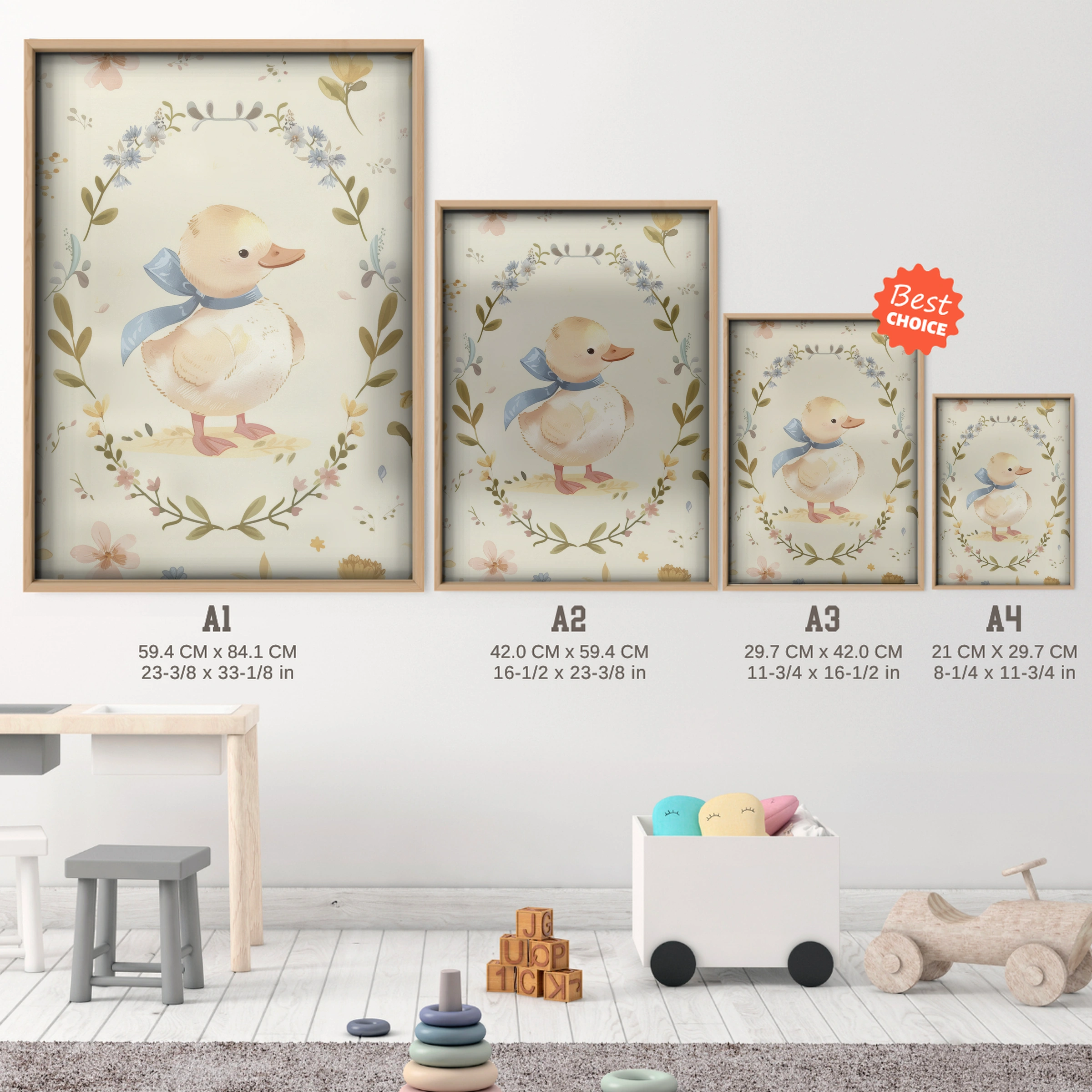 Framed Duckling Nursery Print - size guide A4 A3 A2 A1 nursery print