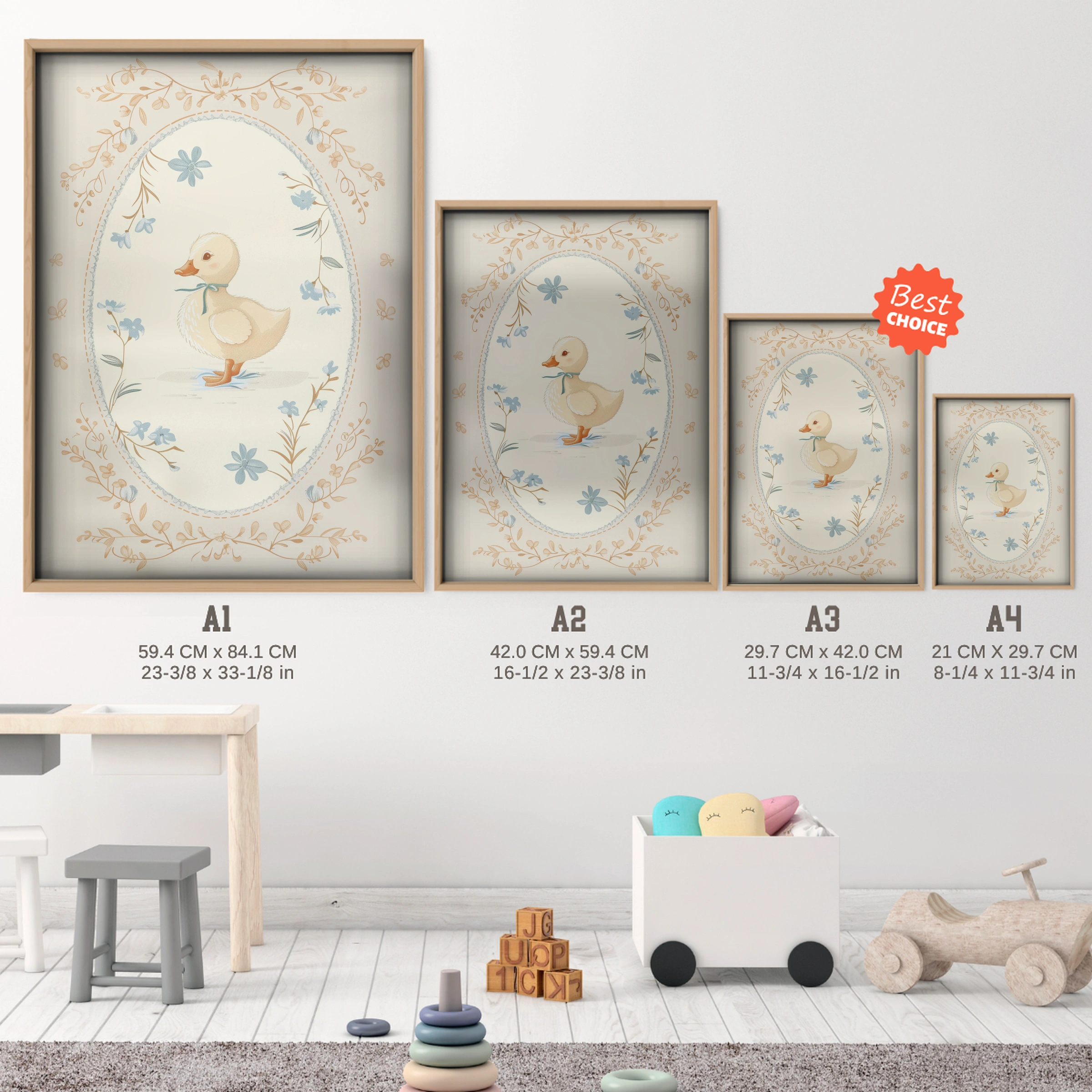 Framed Duckling Two Nursery Print - size guide A4 A3 A2 A1 nursery print