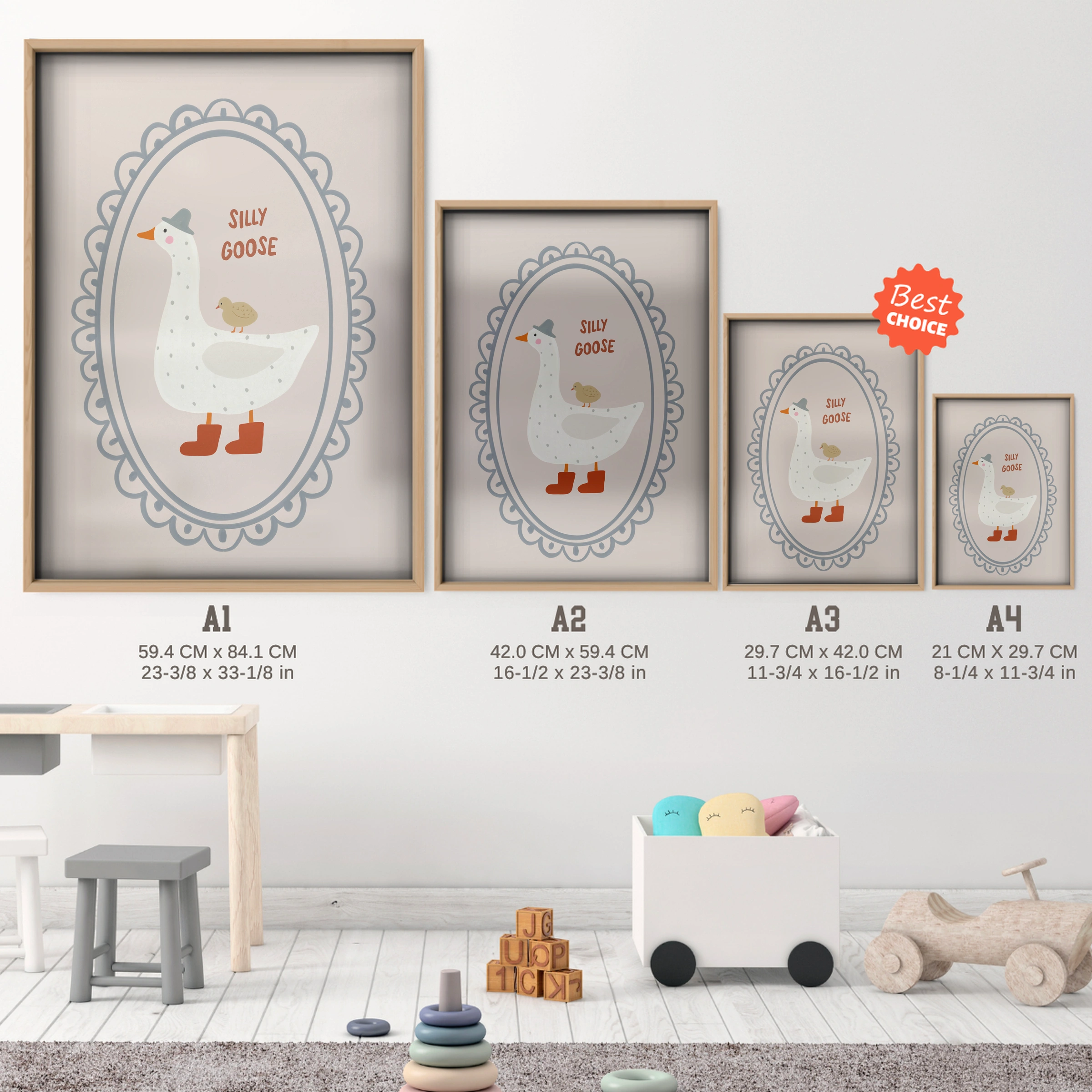 Framed Goose Nursery Print - size guide A4 A3 A2 A1 nursery print