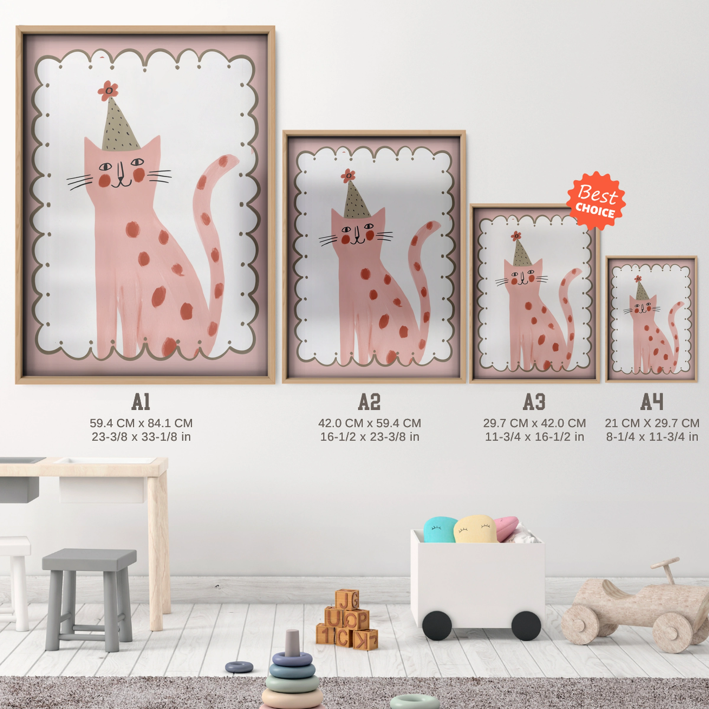Framed Party Cat Nursery Print - size guide A4 A3 A2 A1 nursery print