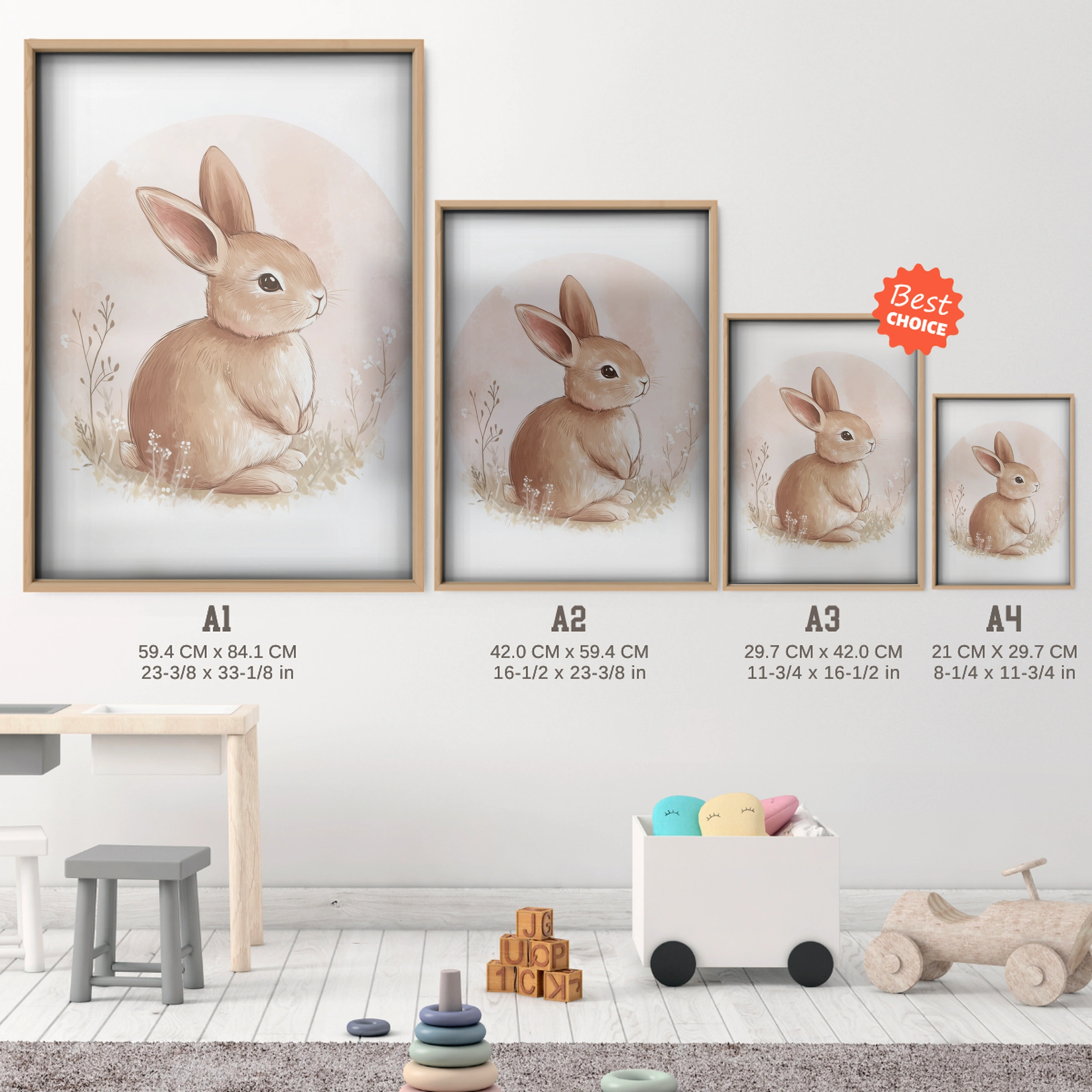 Framed Rabbit Nursery Print - size guide A4 A3 A2 A1 nursery print