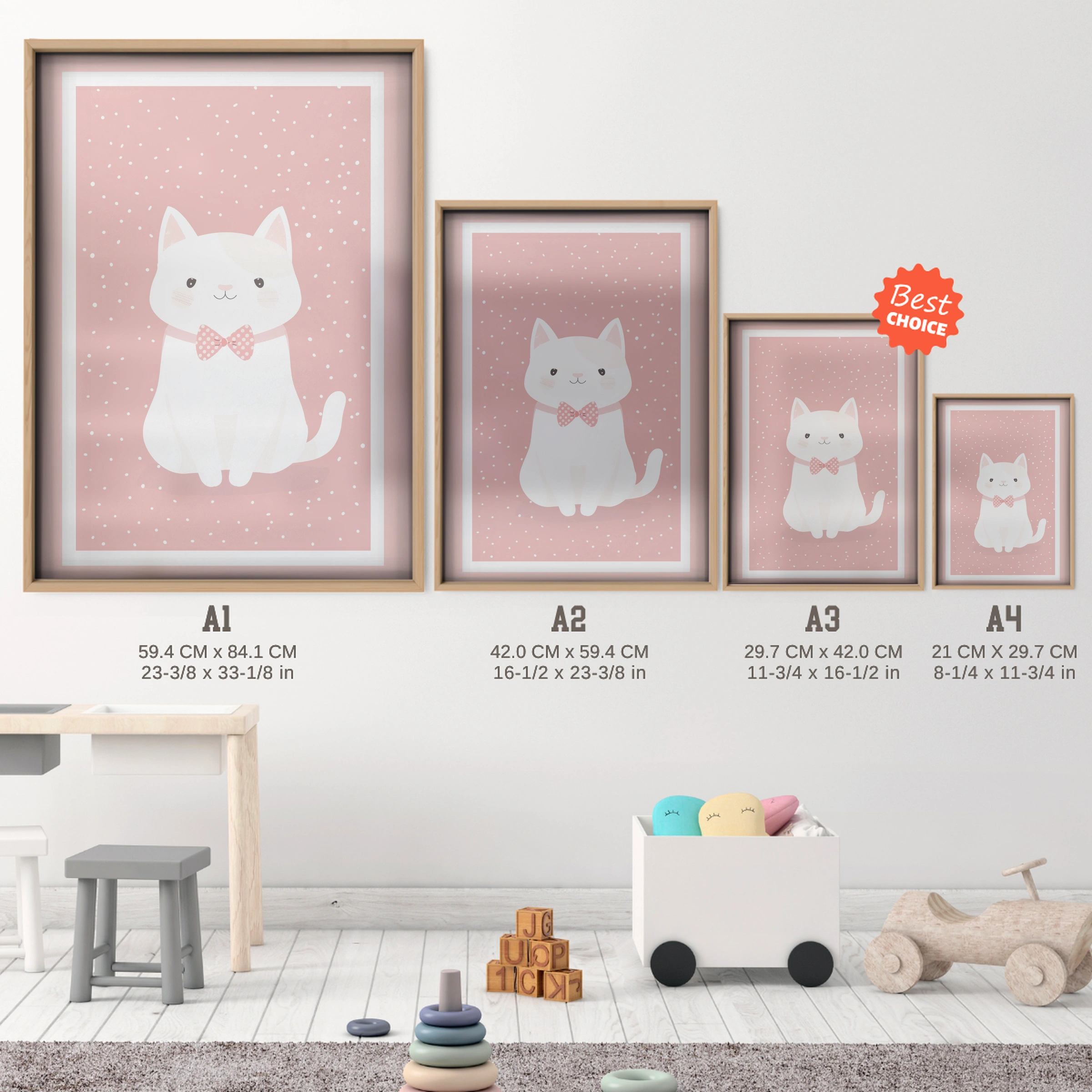 Framed White Cat Nursery Print - size guide A4 A3 A2 A1 nursery print