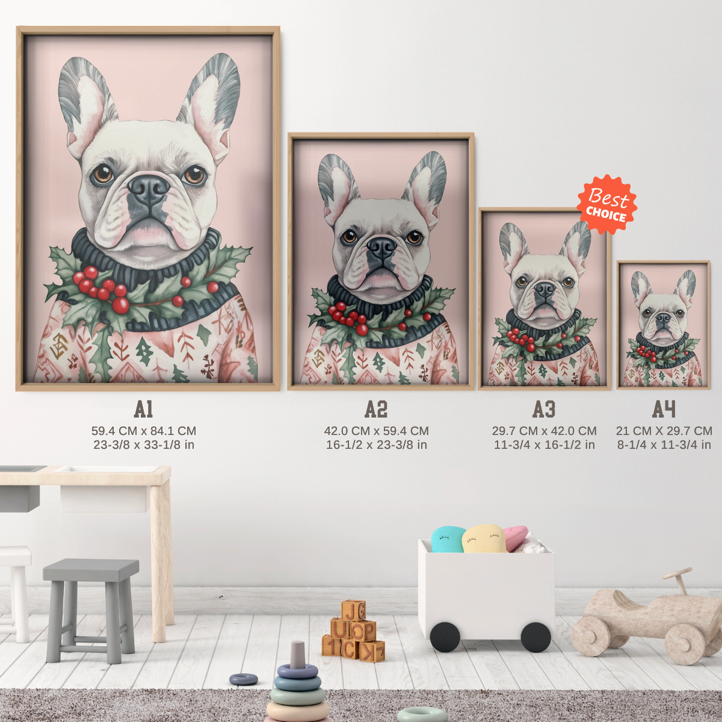 French Bulldog with a Wreath Christmas Print - size guide A4 A3 A2 A1 nursery print