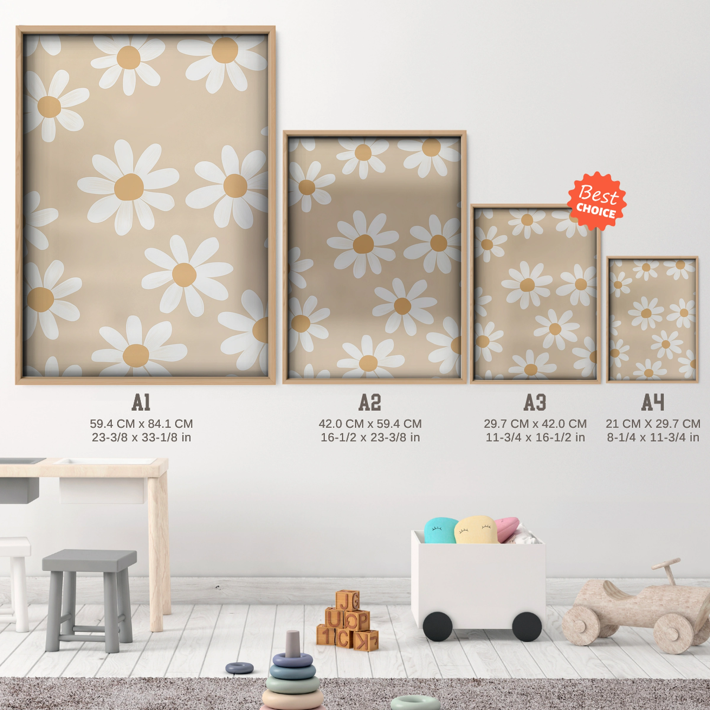 Fresh Daisies Nursery Print - size guide A4 A3 A2 A1 nursery print