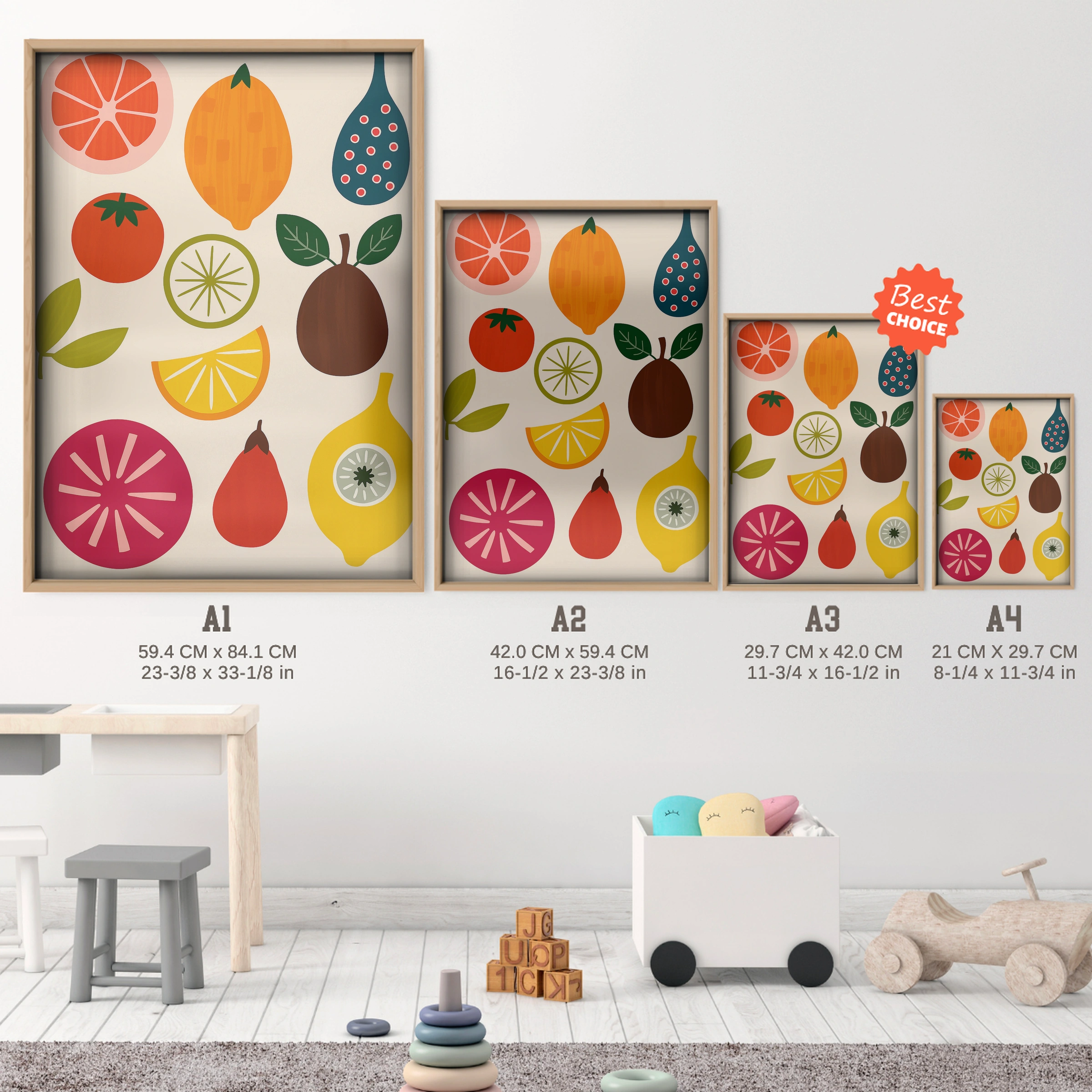Fresh Fruit Nursery Print - size guide A4 A3 A2 A1 nursery print