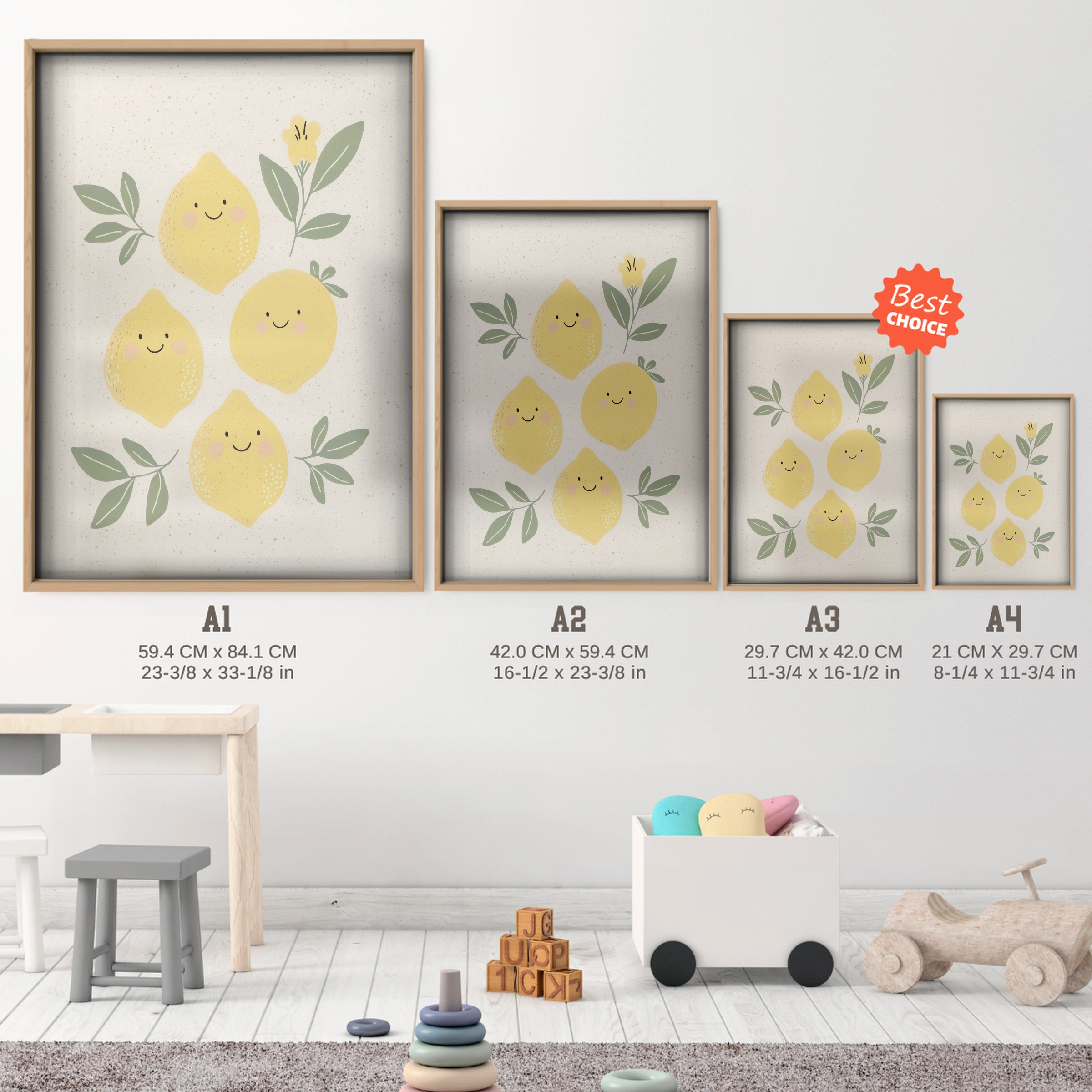 Fresh Lemons Nursery Print - size guide A4 A3 A2 A1 nursery print