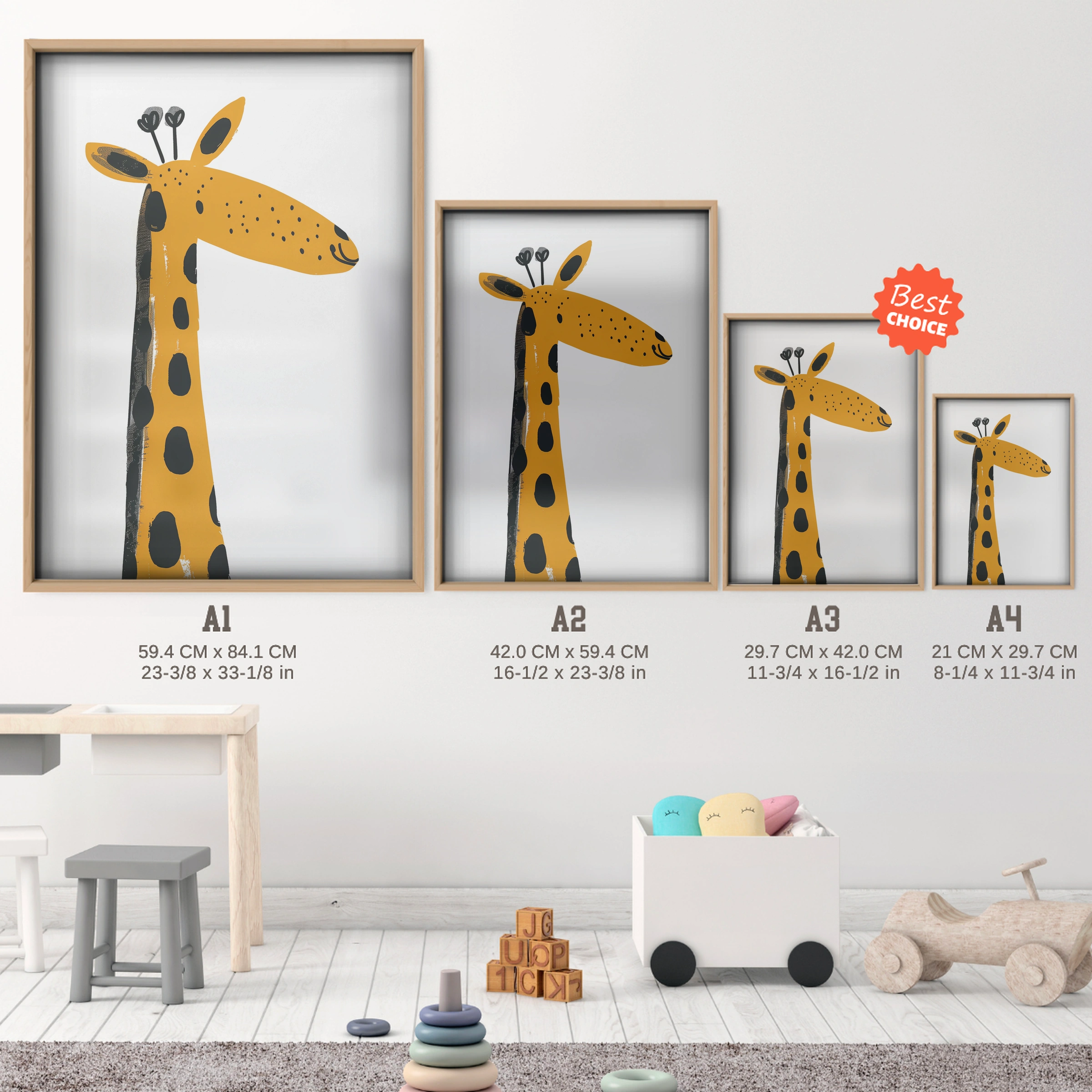 Friendly Giraffe Nursery Print - size guide A4 A3 A2 A1 nursery print