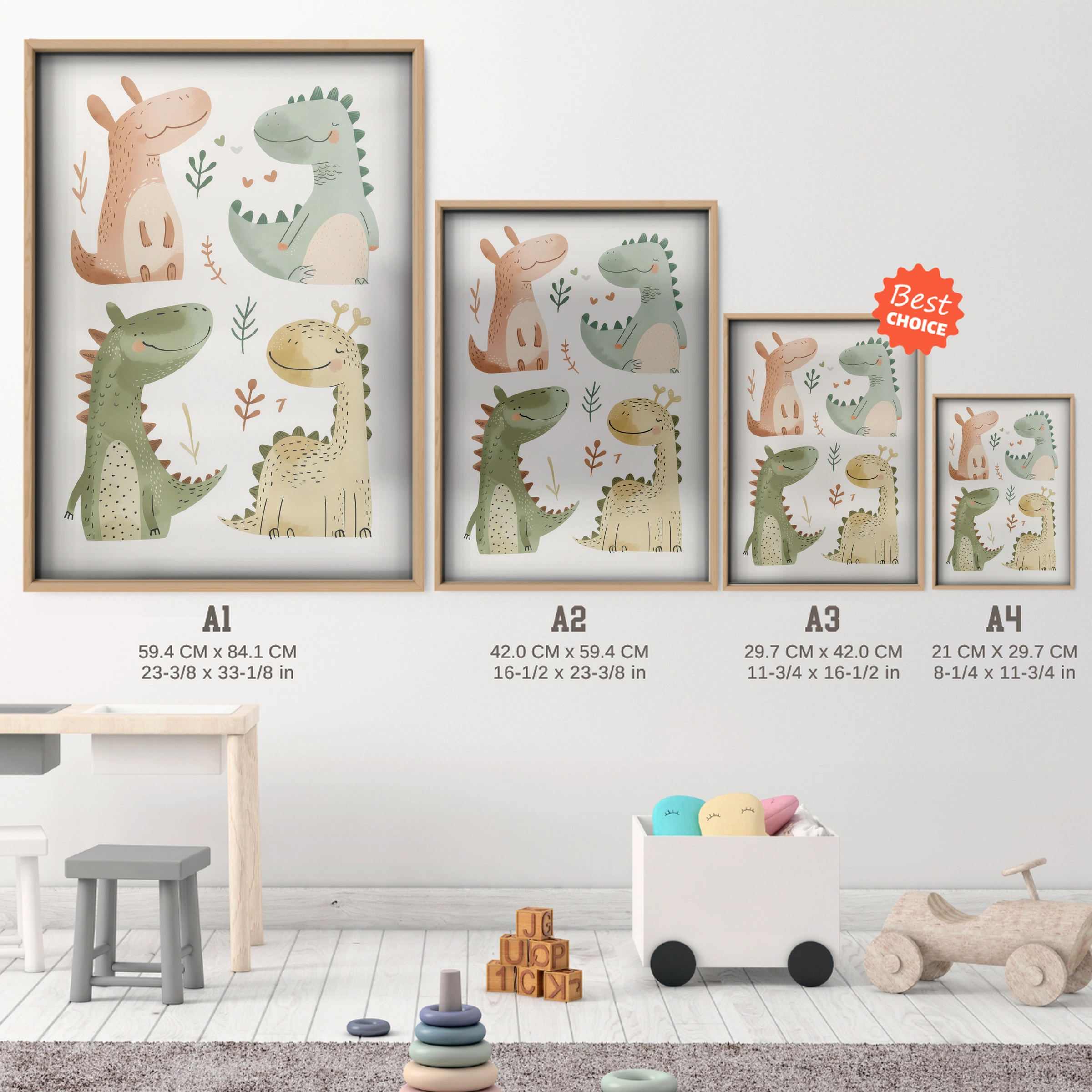 Friendly Green Dragon Nursery Print - size guide A4 A3 A2 A1 nursery print