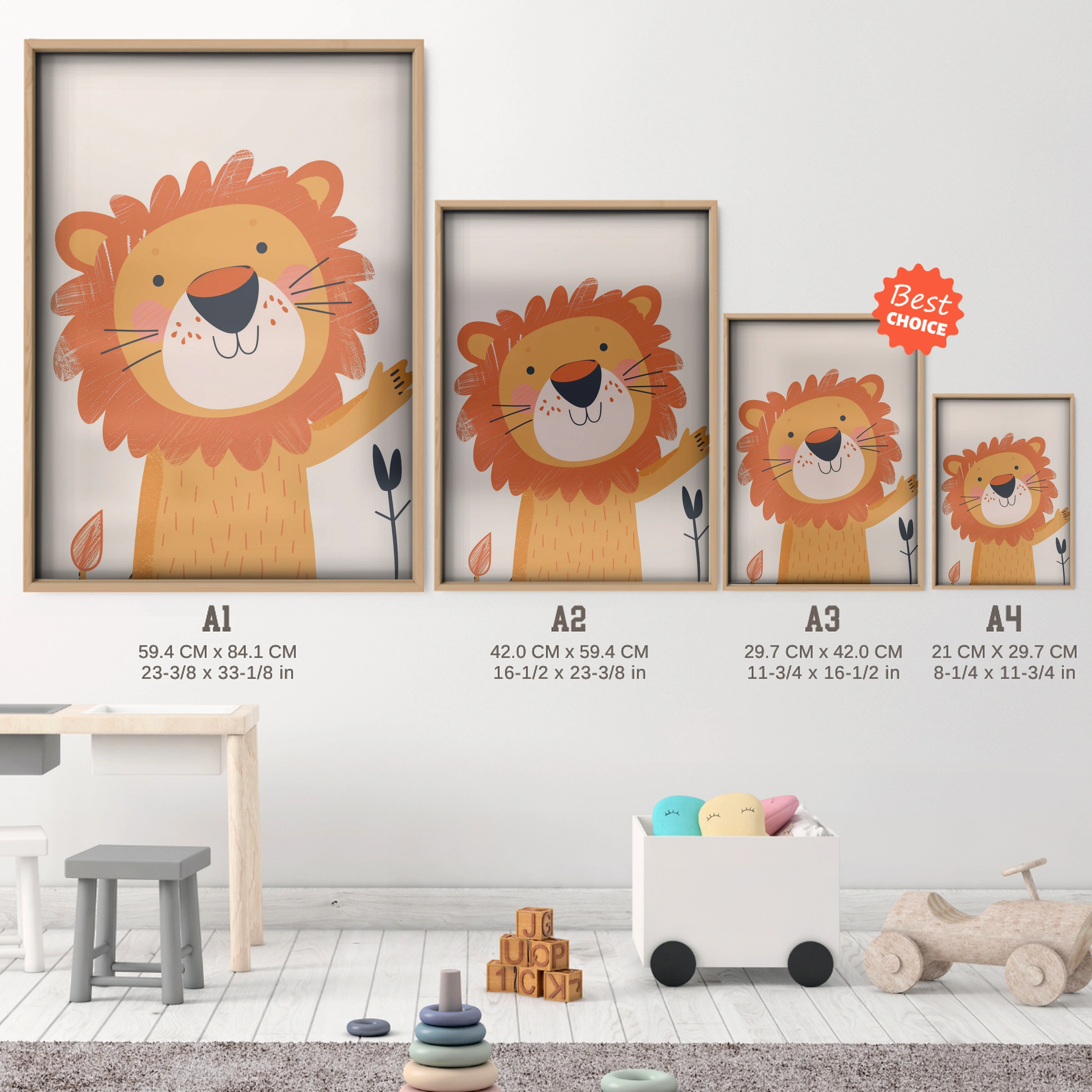 Friendly Lion Nursery Print - size guide A4 A3 A2 A1 nursery print