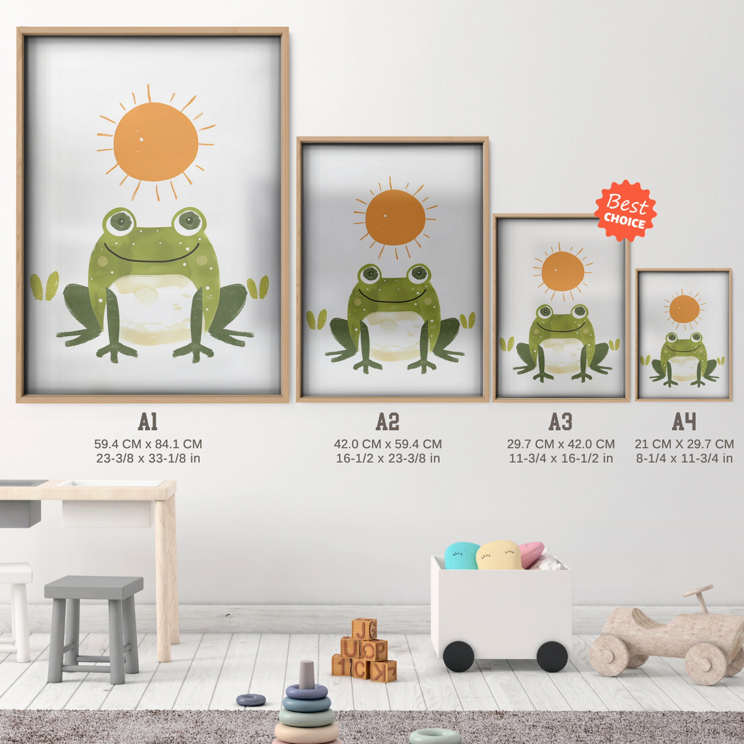 Frog and Sun Nursery Print - size guide A4 A3 A2 A1 nursery print